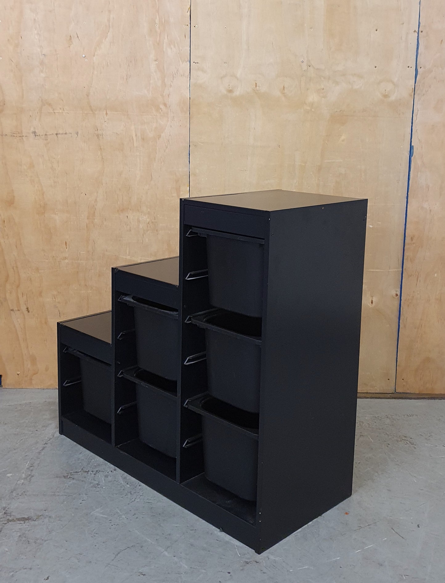 Black Wood Framed Storage Unit with 6 Black Plastic Storage Bins - EL104656
