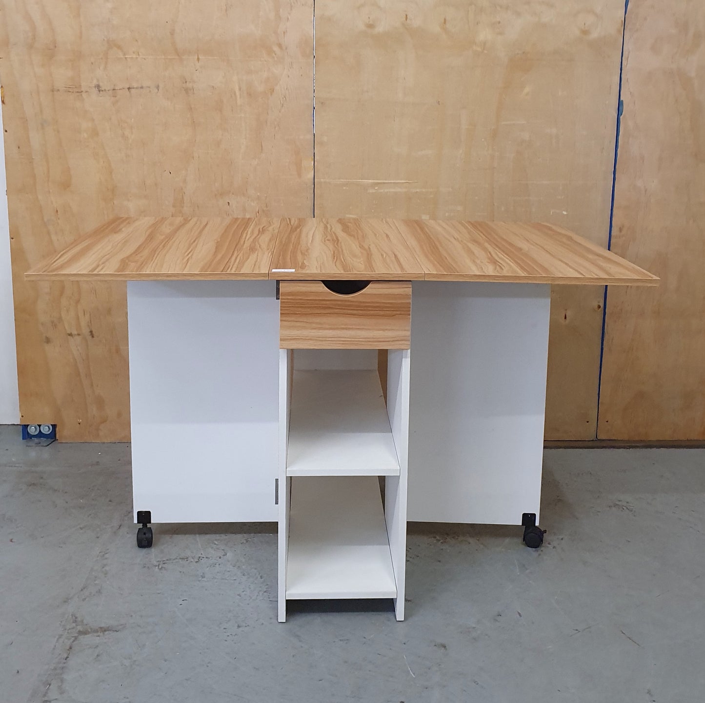 White Wood Drop Leaf Table with Lover Shelving and Castor Wheels - 103780