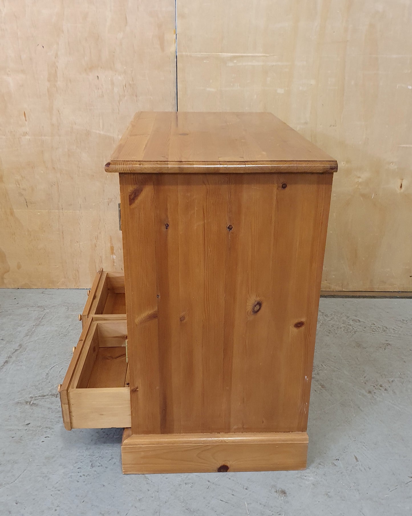 Small Glass Door Pine Cabinet with Drawers and Built In CD Racks - EL104074