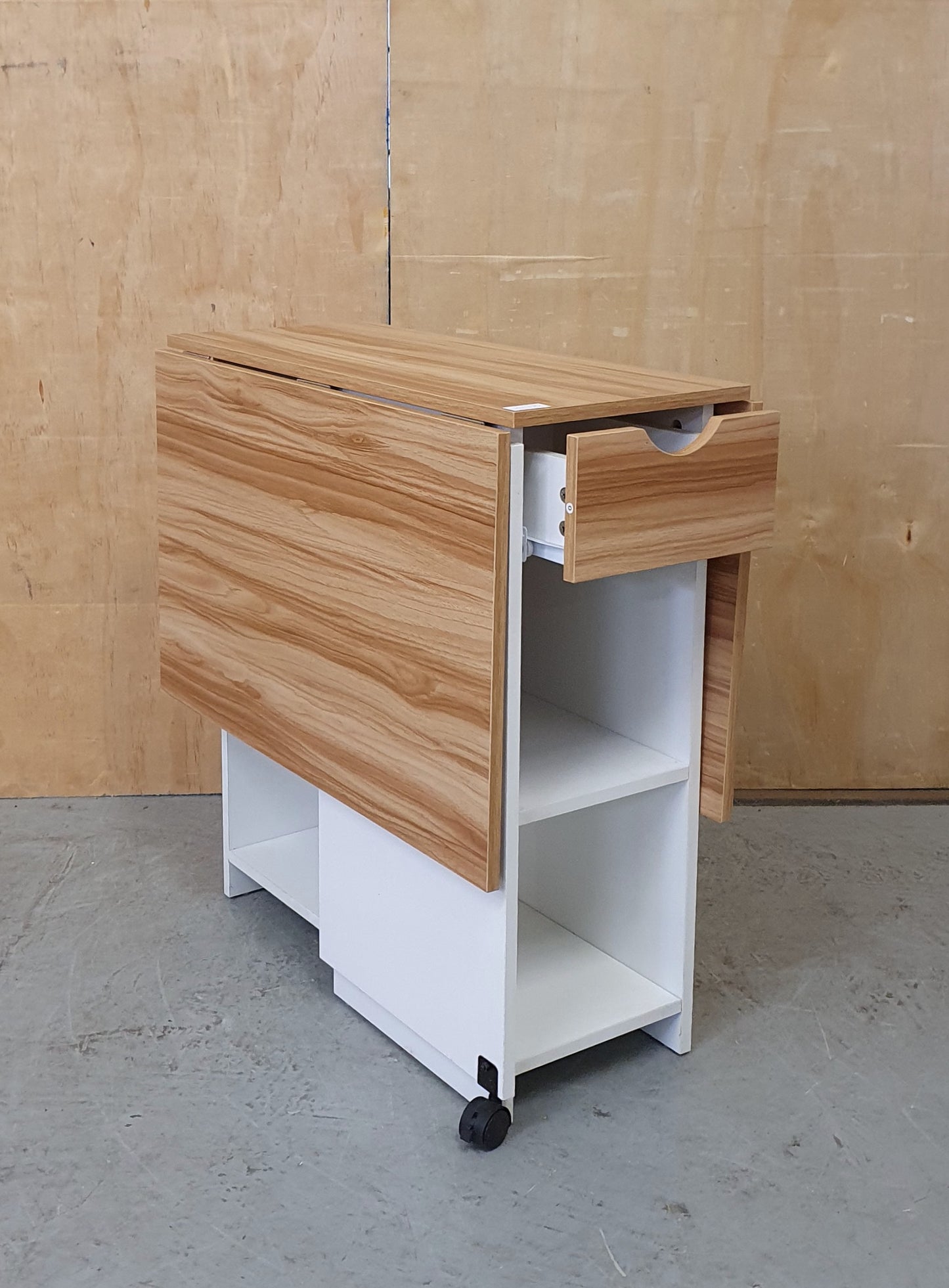 White Wood Drop Leaf Table with Lover Shelving and Castor Wheels - 103780