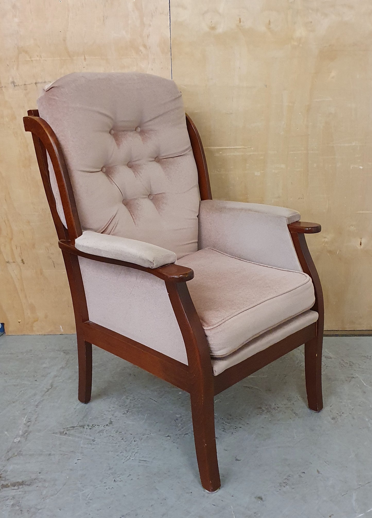 Maroon Velvet Armchair with Deep Buttoned Back Rest and Dark Wood Frame - 010825-01