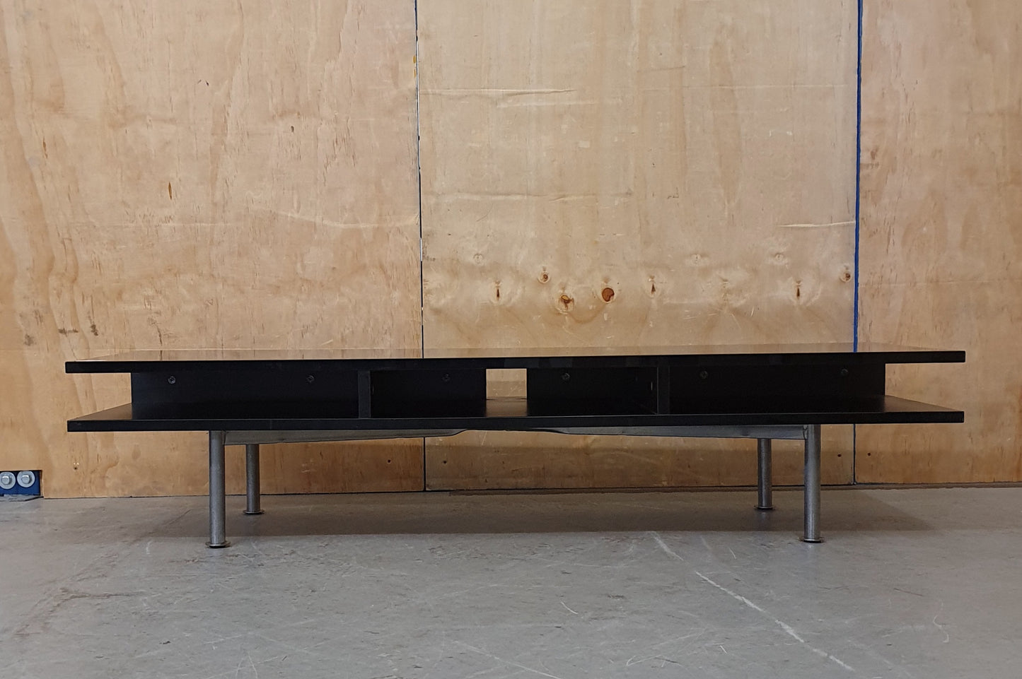 Black Low Glass Coffee table with Two Sections and Chrome Feet - EL103952