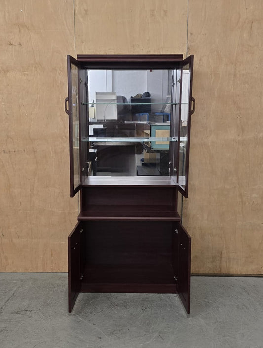 Dark Stained Wood Glass Door Cabinet in Two Sections - 104742