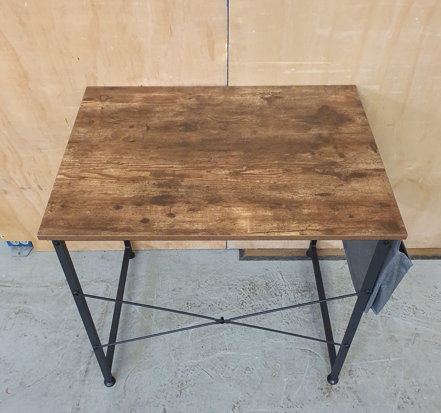 Small Dark Wood Top Desk with Black Metal Frame and Canvas Side Pouches - 104122