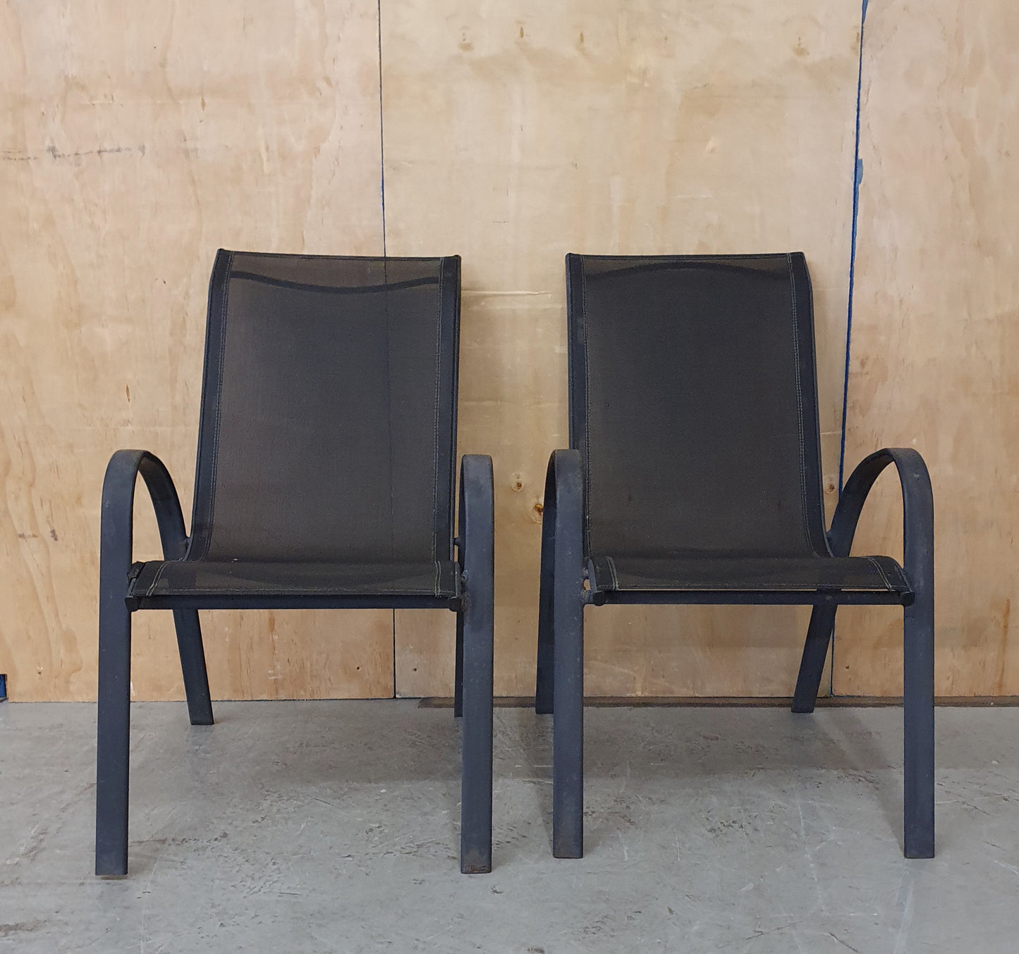 2 Matching Dark Grey Mesh Stackable Garden Chairs with Metal Frame - EL104446 / EL104447