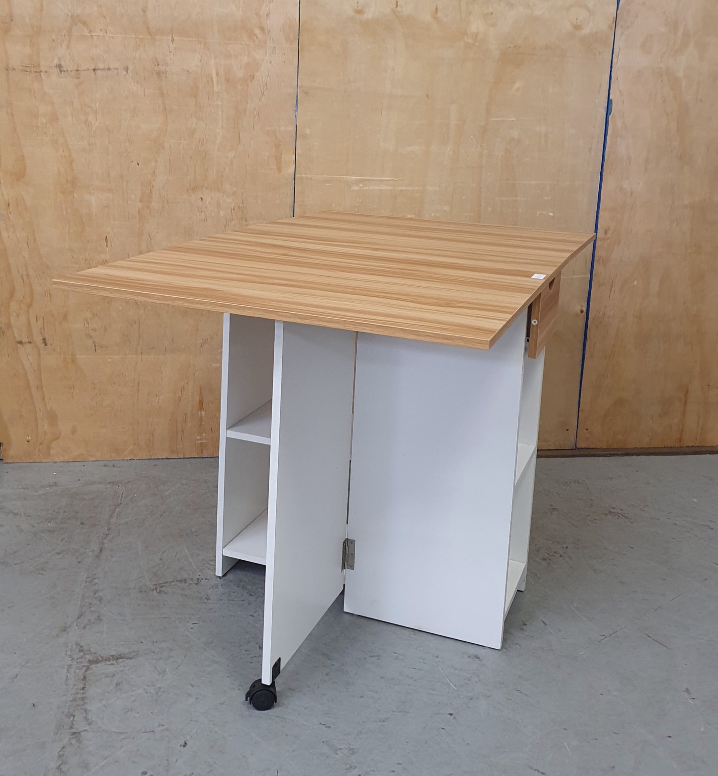 White Wood Drop Leaf Table with Lover Shelving and Castor Wheels - 103780