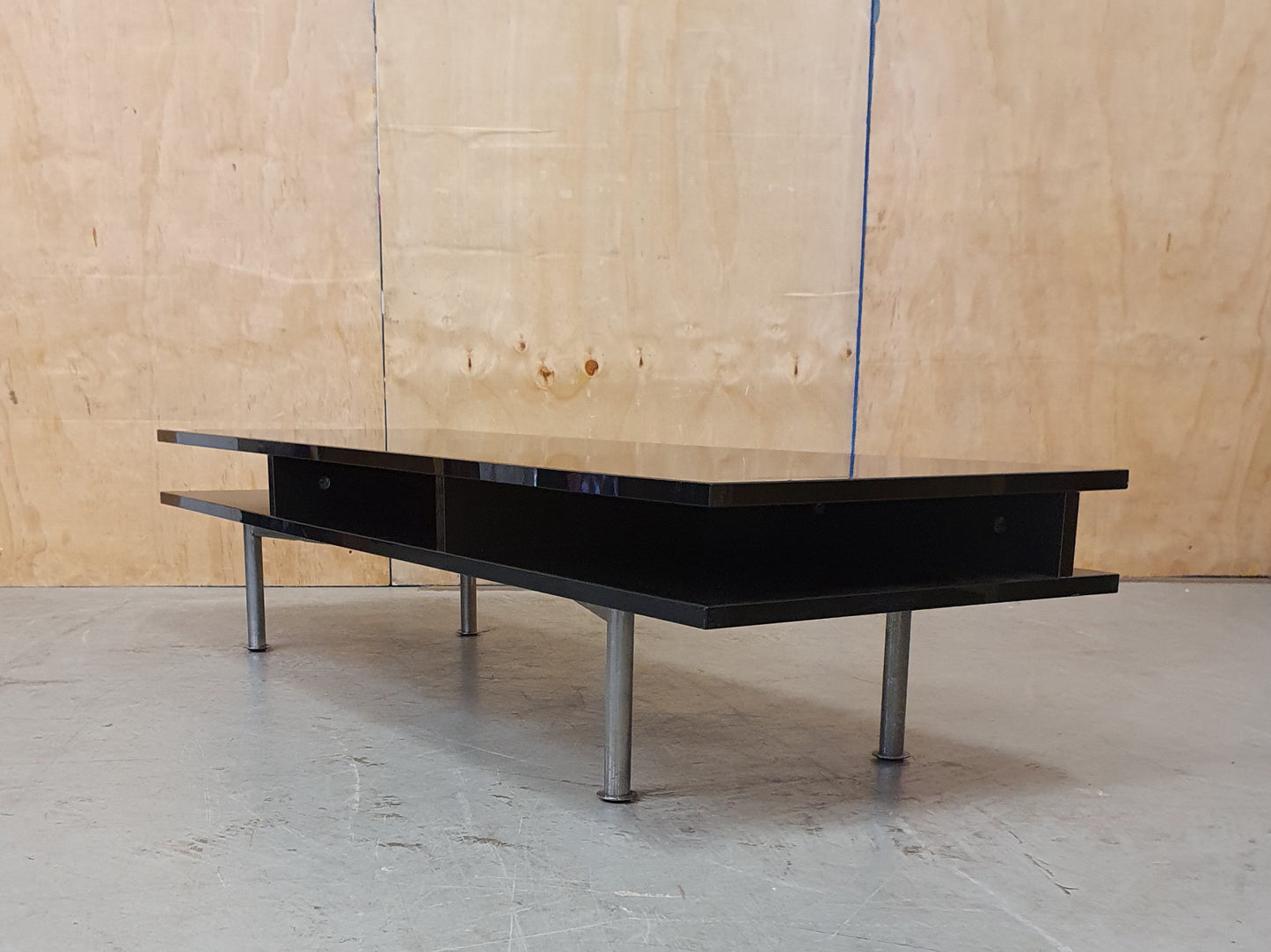 Black Low Glass Coffee table with Two Sections and Chrome Feet - EL103952