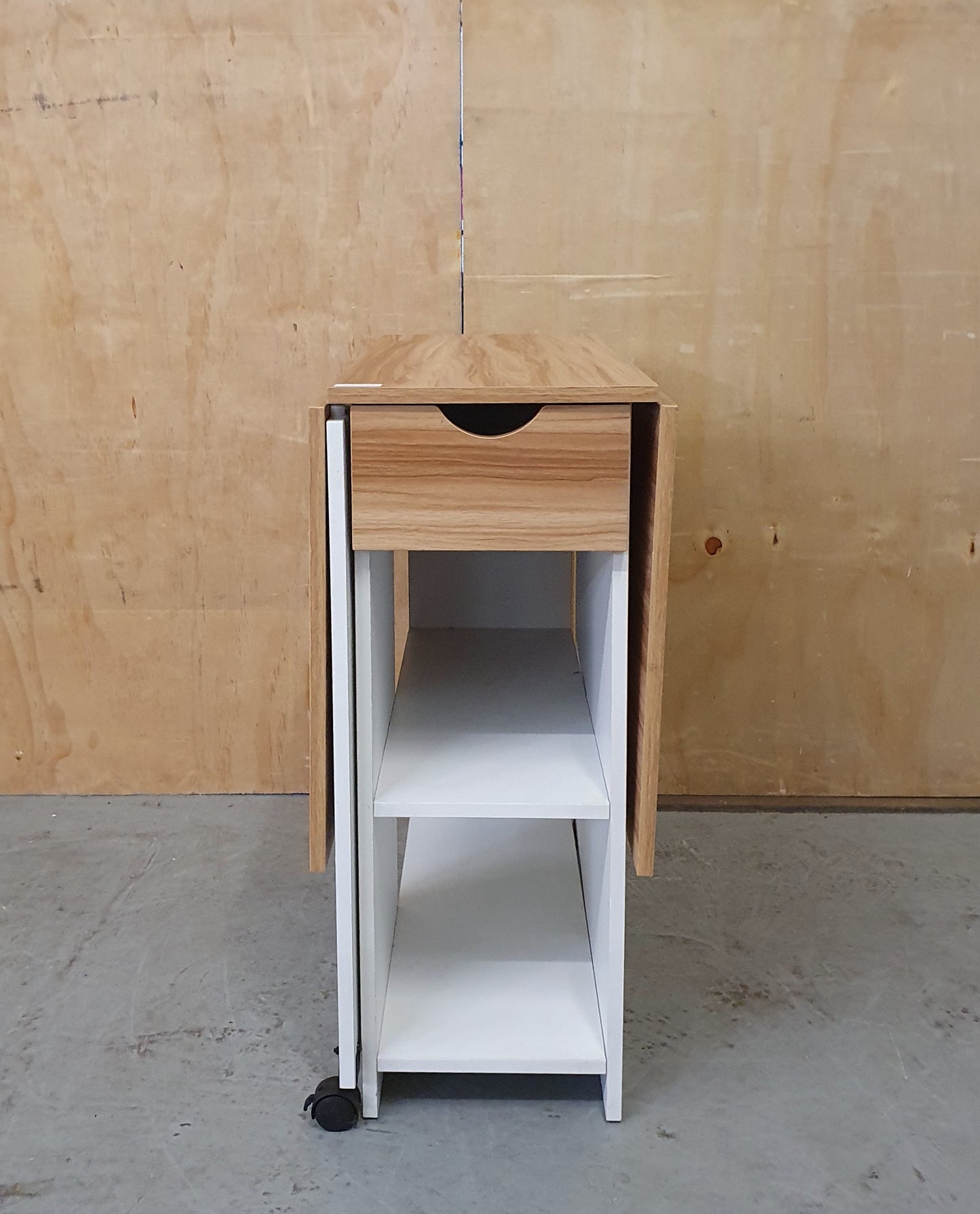 White Wood Drop Leaf Table with Lover Shelving and Castor Wheels - 103780