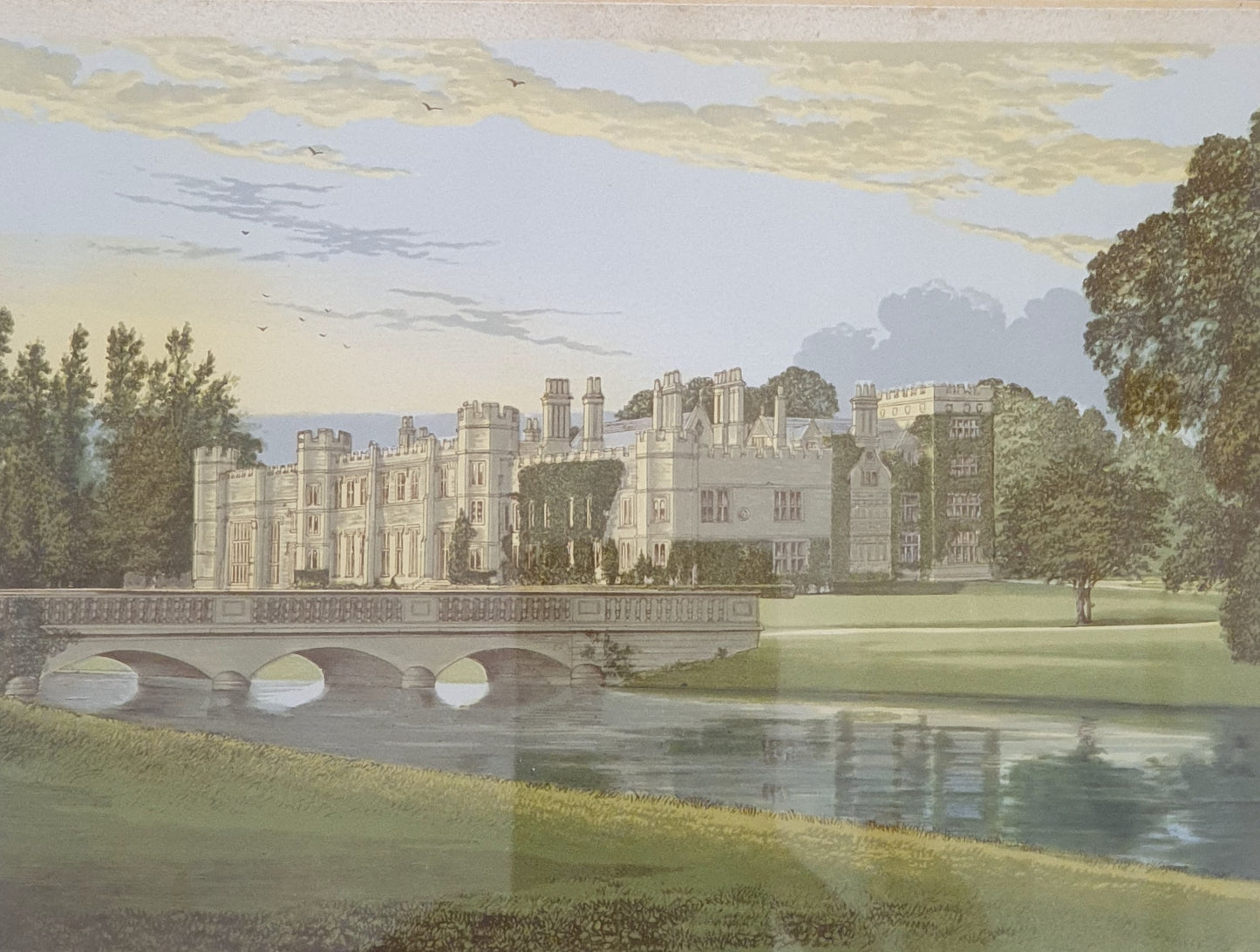 English Stately Home with Bridge Vintage Art Print - 103738