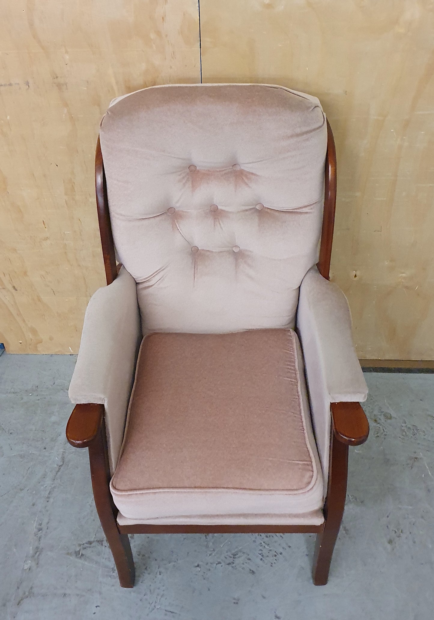 Maroon Velvet Armchair with Deep Buttoned Back Rest and Dark Wood Frame - 010825-01