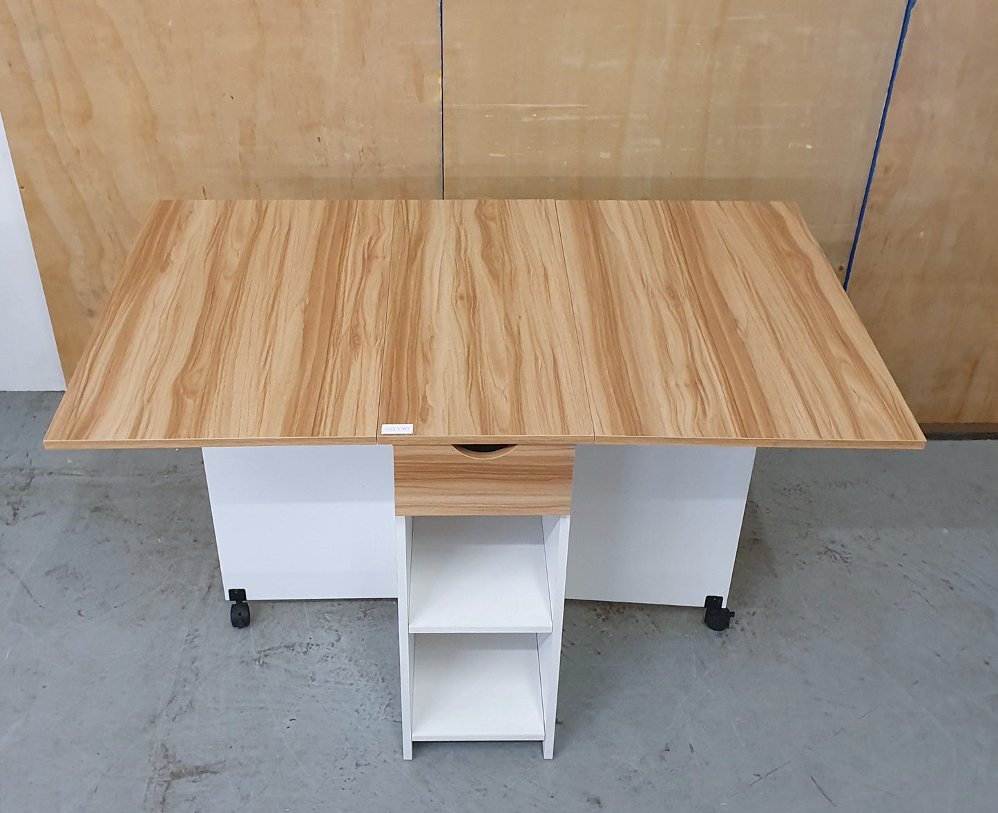 White Wood Drop Leaf Table with Lover Shelving and Castor Wheels - 103780
