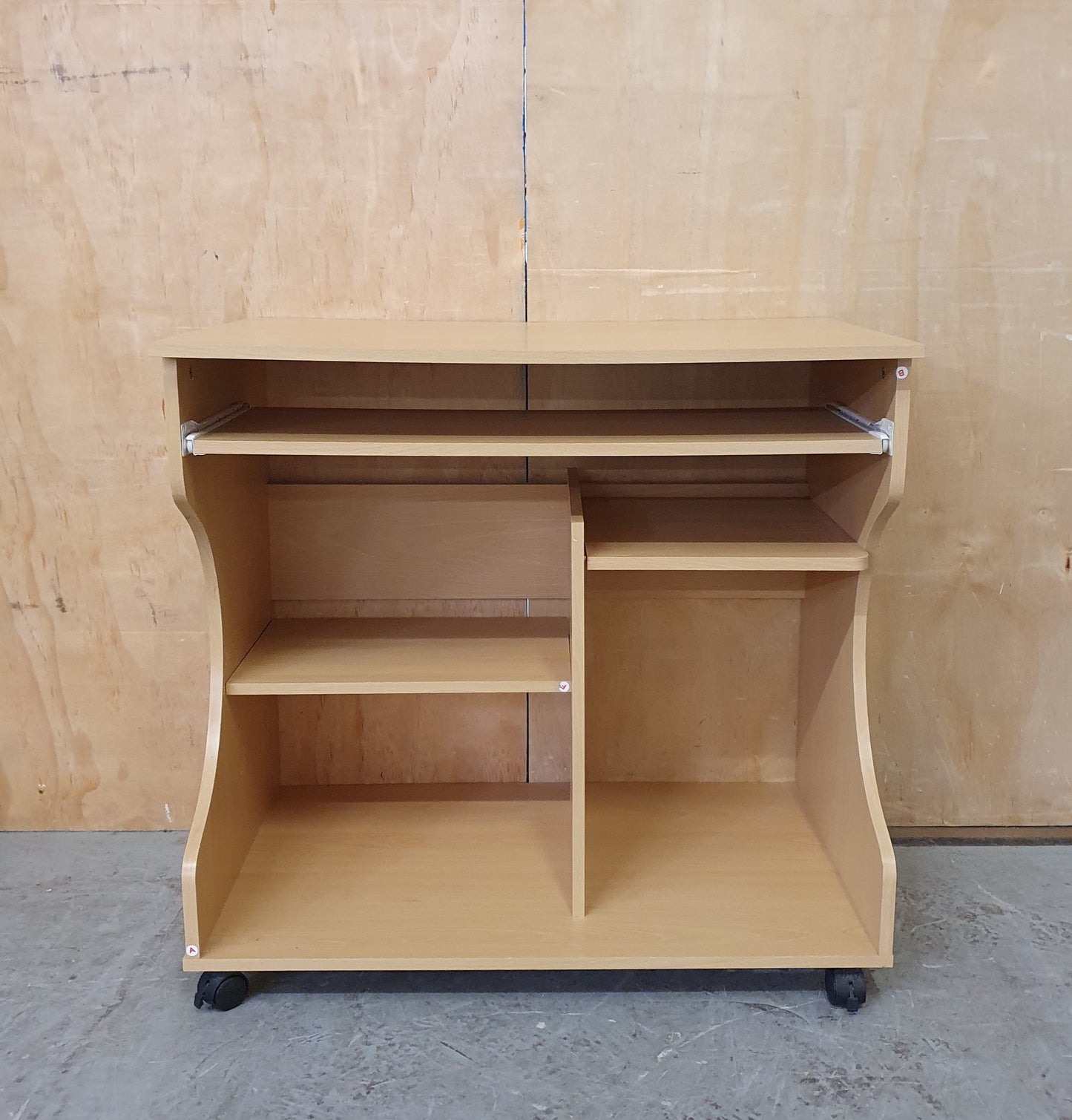 Small Wood Desk with Pull Out Panel and Curved Sides on Castor Wheels - EL104479