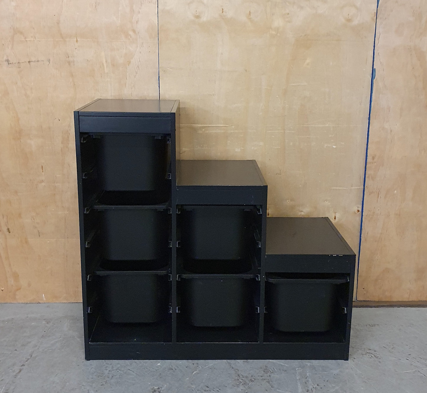Black Wood Framed Storage Unit with 6 Black Plastic Storage Bins - EL104656