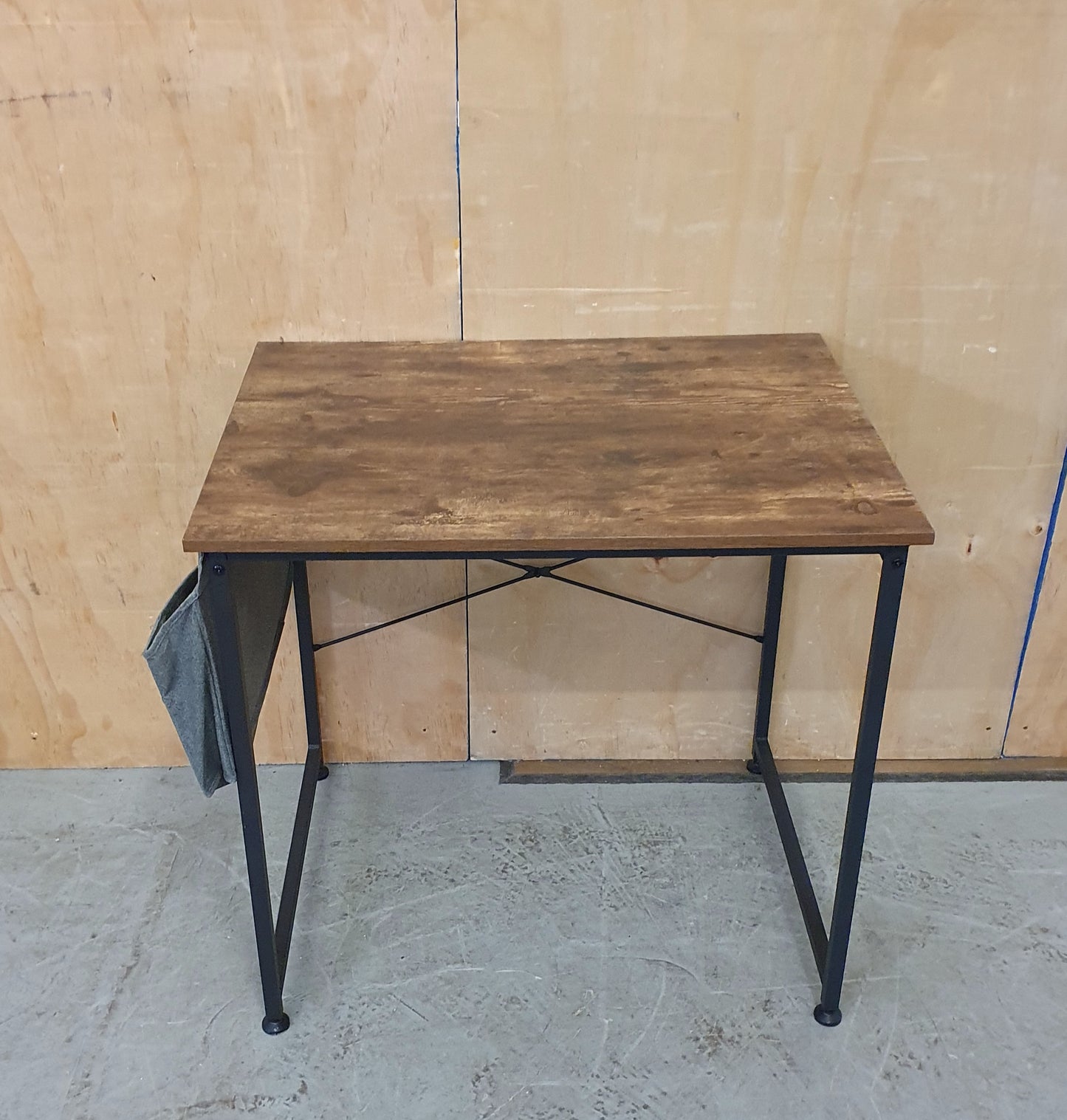 Small Dark Wood Top Desk with Black Metal Frame and Canvas Side Pouches - 104122
