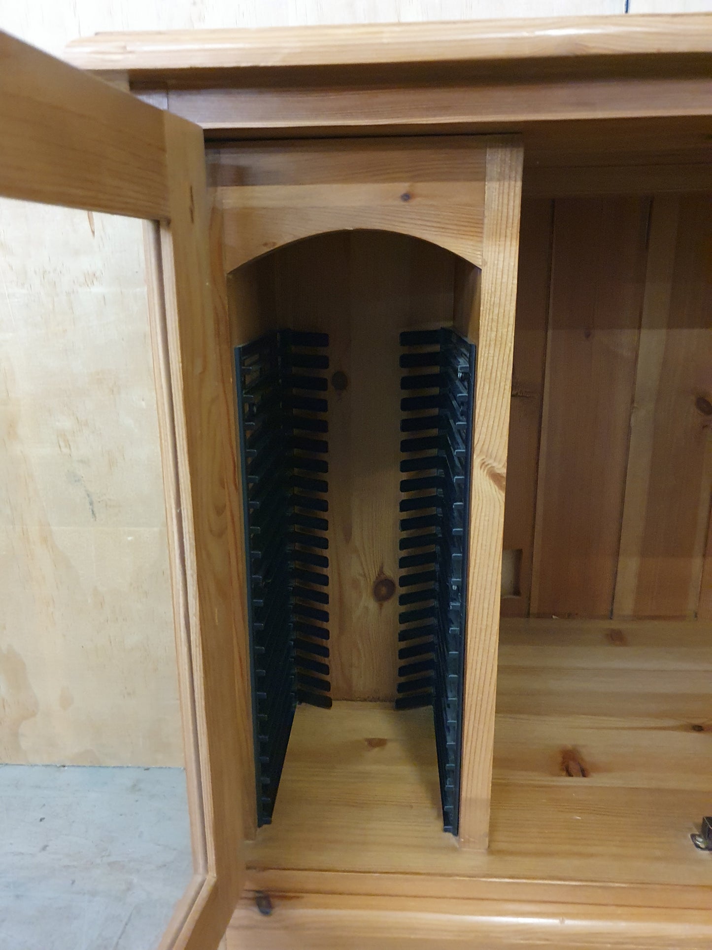 Small Glass Door Pine Cabinet with Drawers and Built In CD Racks - EL104074