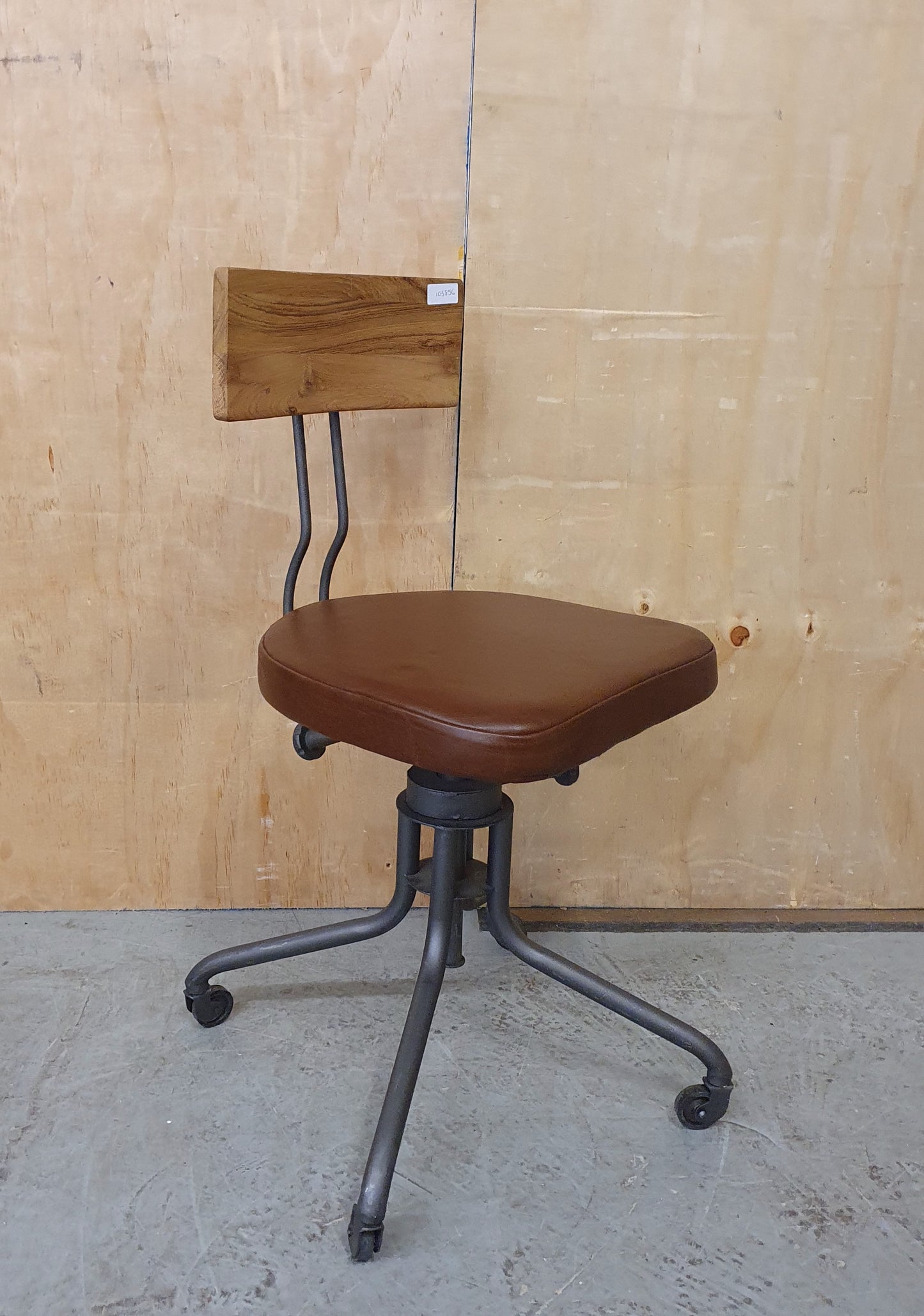 Single Metal Frame Height Adjustable Chair with Wood Back Rest and Brown Leather Seat - 103856