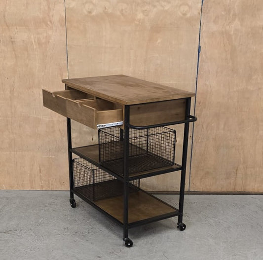 3 Tier Dark Wood / Black Metal Kitchen Trolly on Castor Wheels - 104763