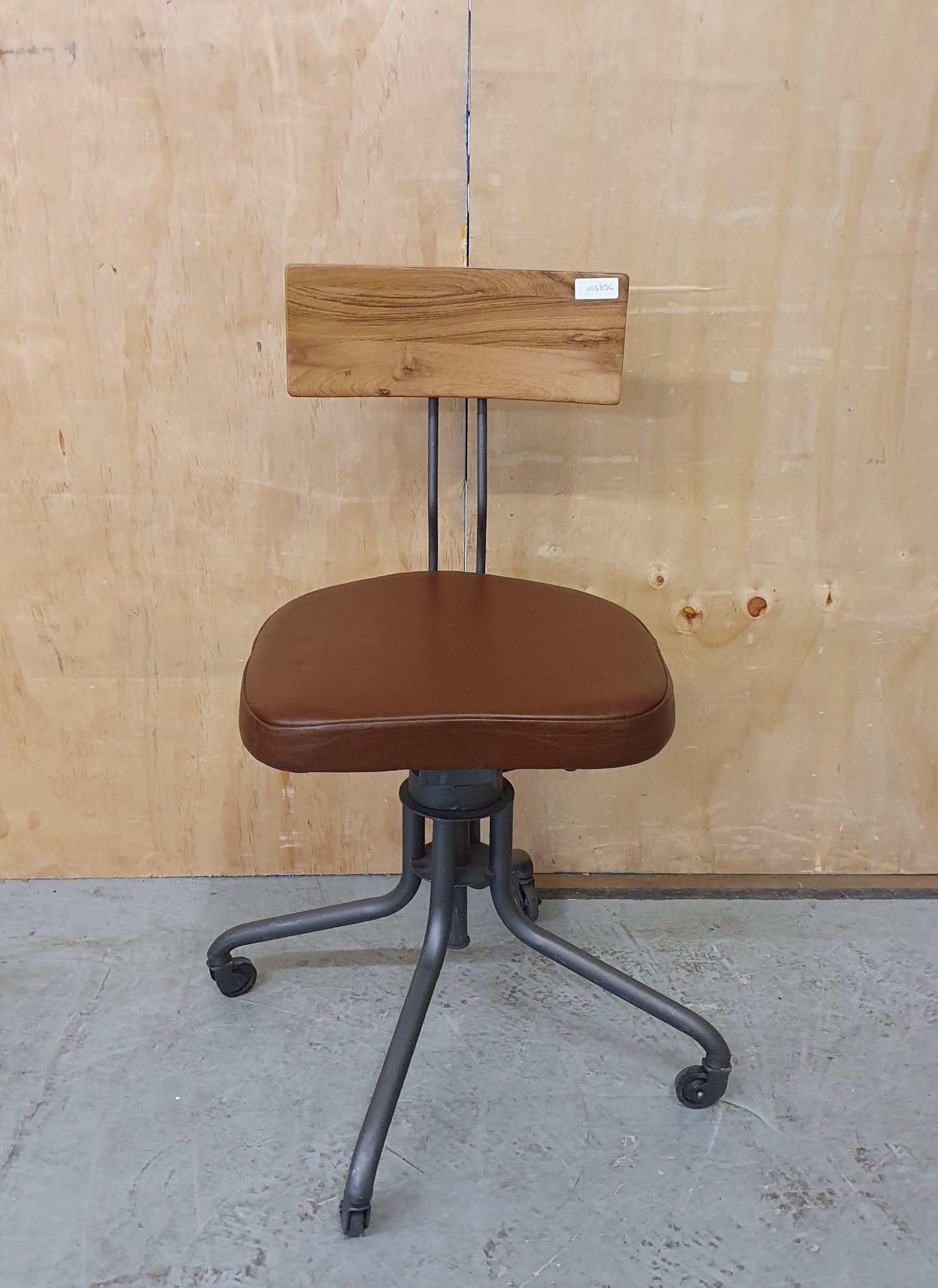 Single Metal Frame Height Adjustable Chair with Wood Back Rest and Brown Leather Seat - 103856