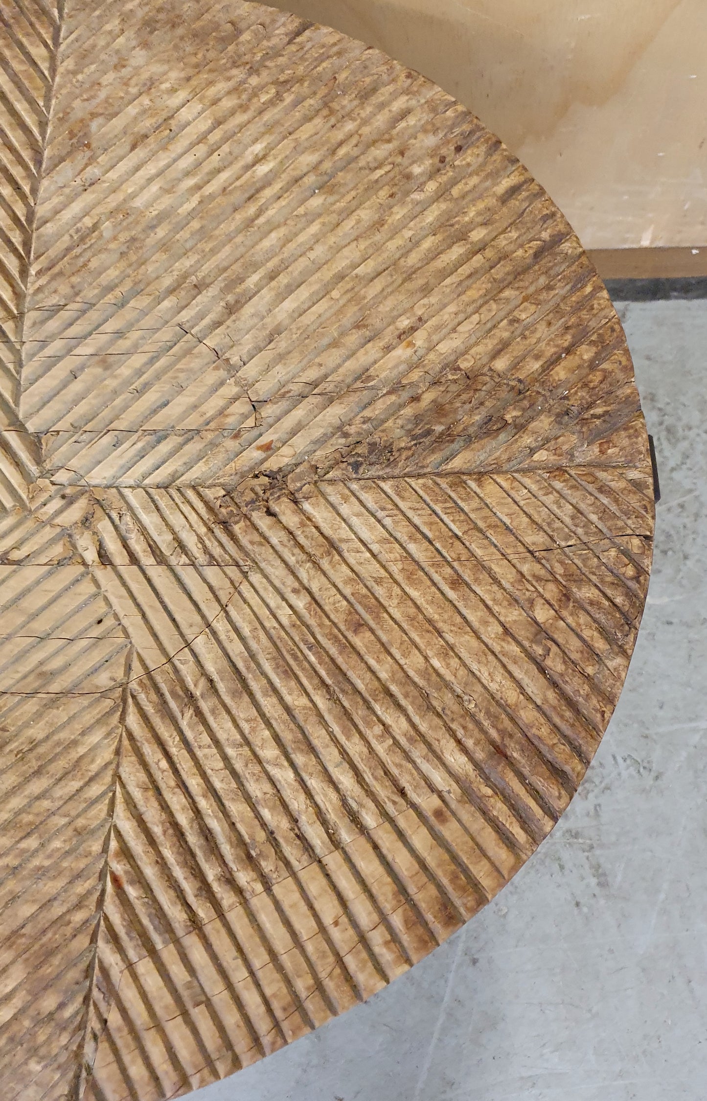 Round Wood Engraved Top Metal Frame Coffee Table - 104174