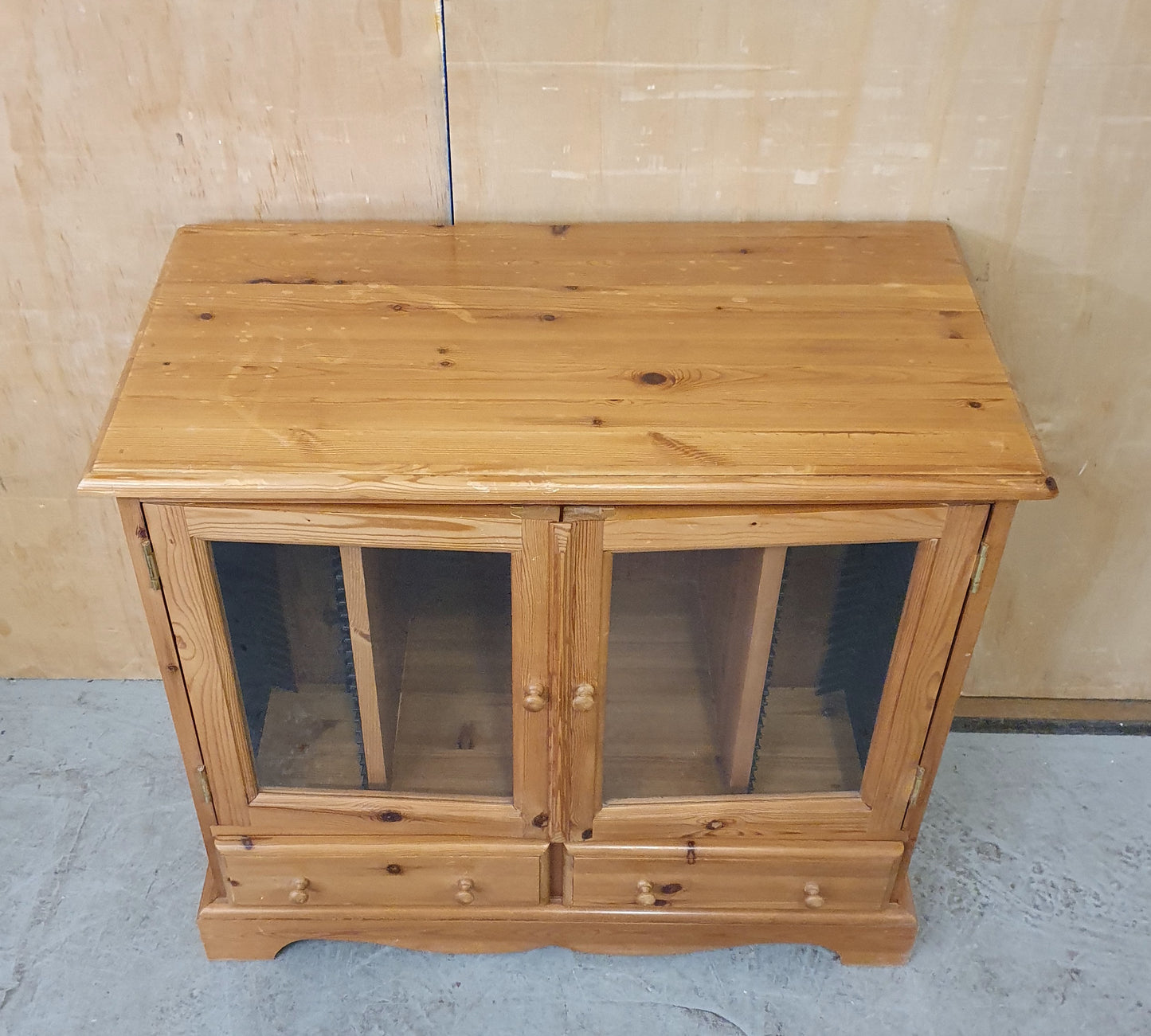 Small Glass Door Pine Cabinet with Drawers and Built In CD Racks - EL104074