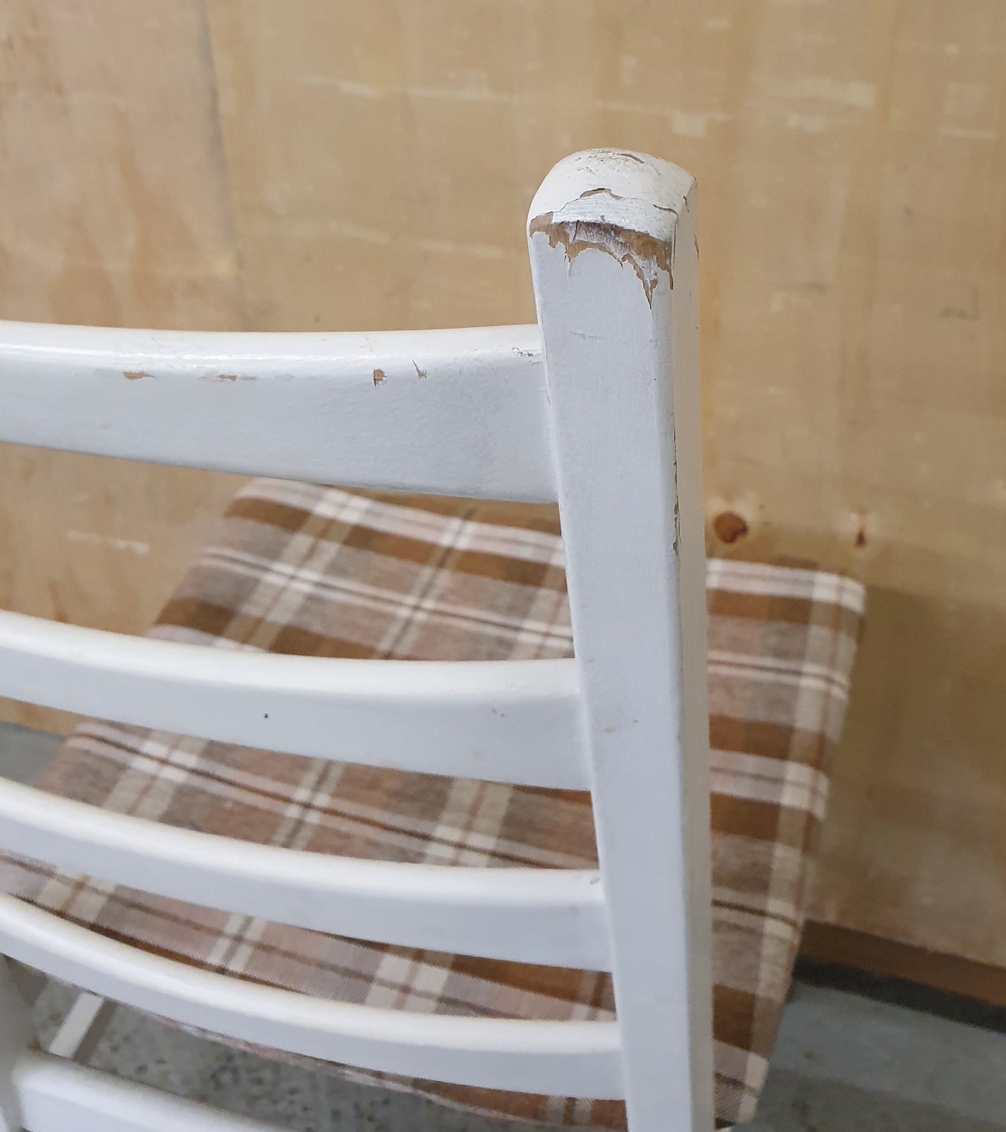Single White Wood Dining Chair with Slatted Back Rest and Brown Check Fabric Seat Cover - EL104060