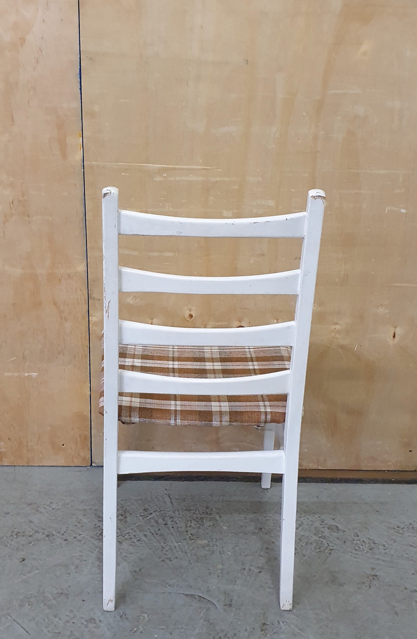 Single White Wood Dining Chair with Slatted Back Rest and Brown Check Fabric Seat Cover - EL104060