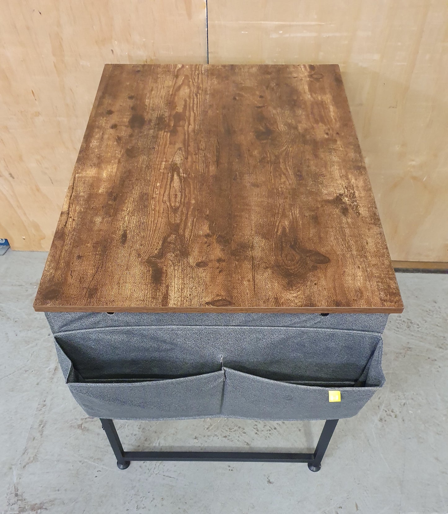 Small Dark Wood Top Desk with Black Metal Frame and Canvas Side Pouches - 104122
