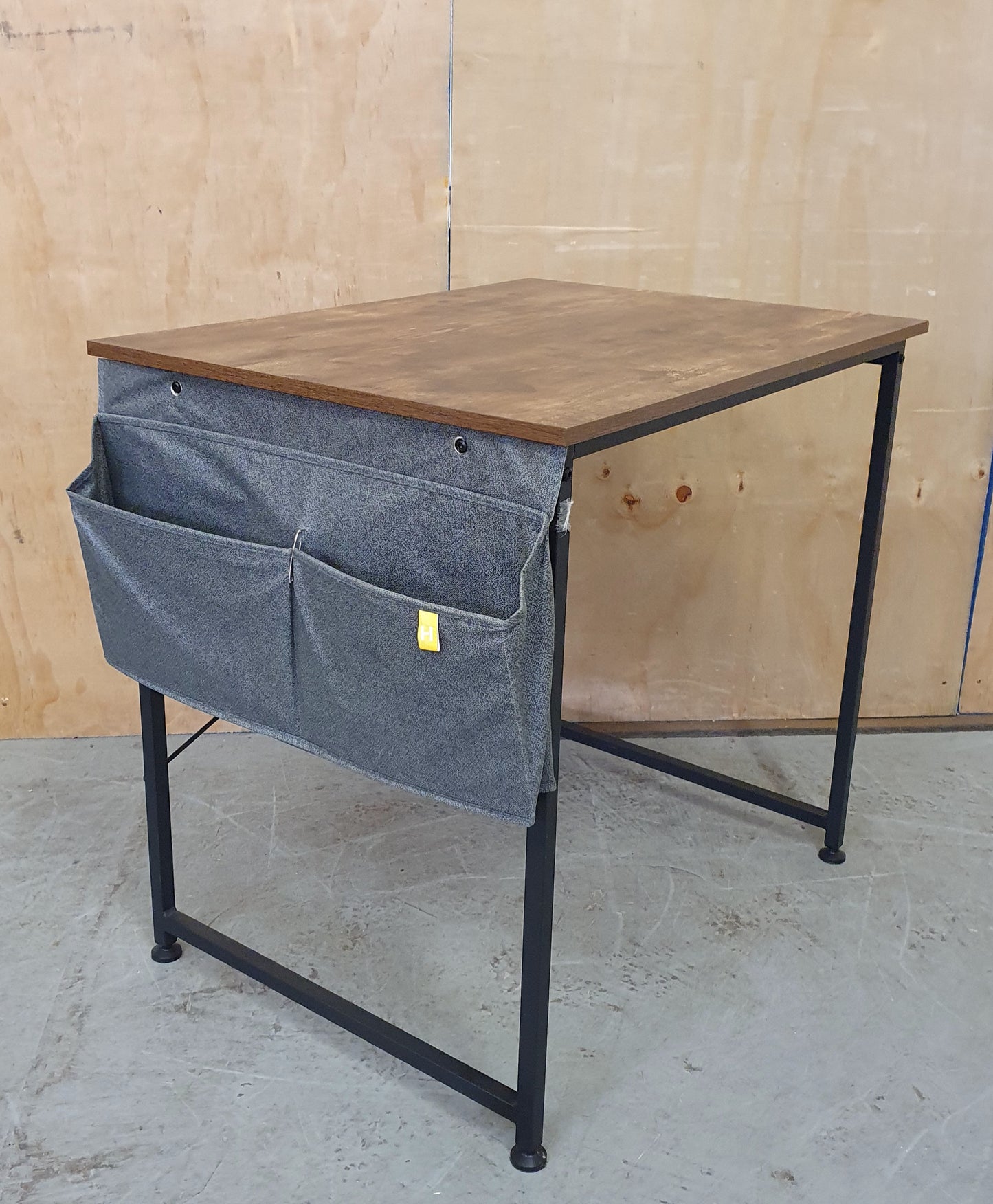 Small Dark Wood Top Desk with Black Metal Frame and Canvas Side Pouches - 104122