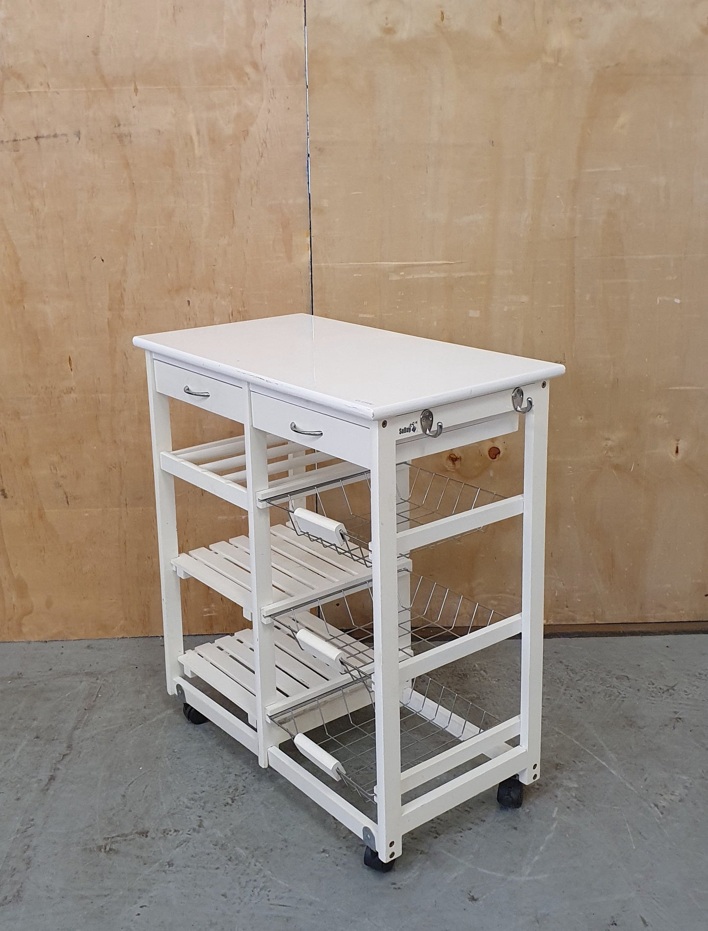 SOBUY Small White Wooden Kitchen Trolly with Wire Baskets, Shelving ad 2 Drawers - EL103870
