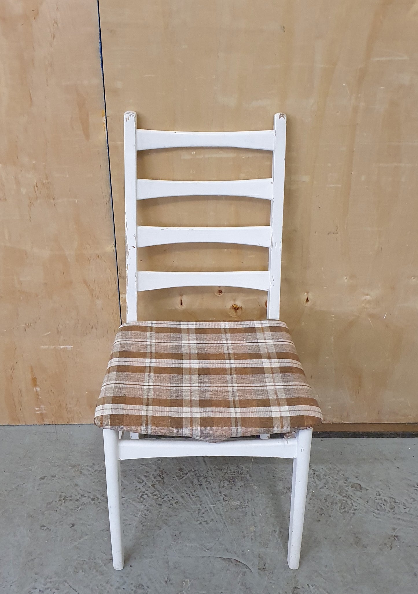 Single White Wood Dining Chair with Slatted Back Rest and Brown Check Fabric Seat Cover - EL104060