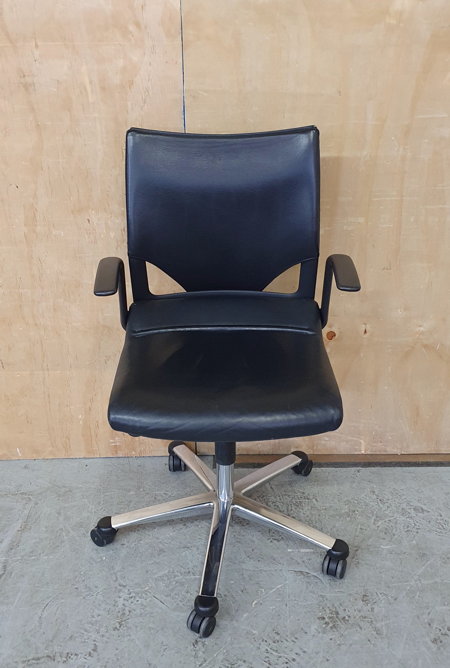 Black Leather Office Chair with Chrome Frame and Castor Wheels - 104337