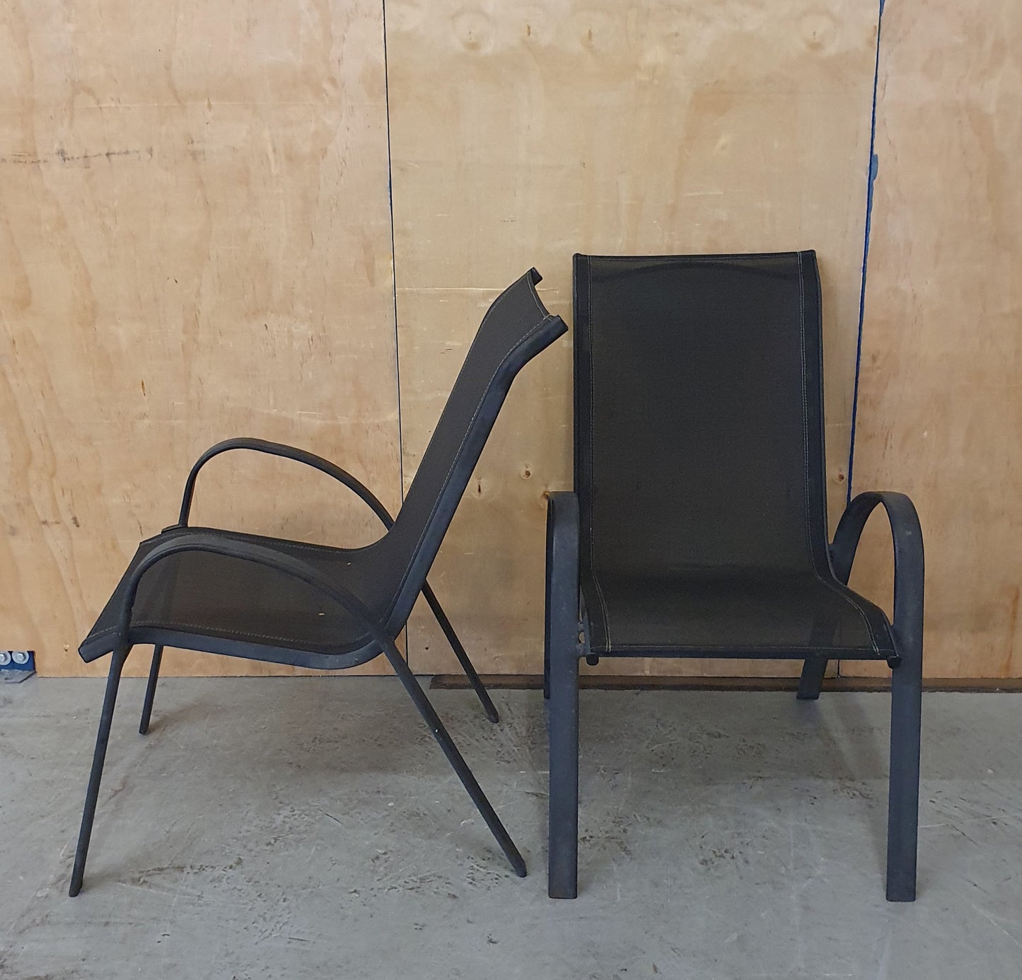 2 Matching Dark Grey Mesh Stackable Garden Chairs with Metal Frame - EL104446 / EL104447