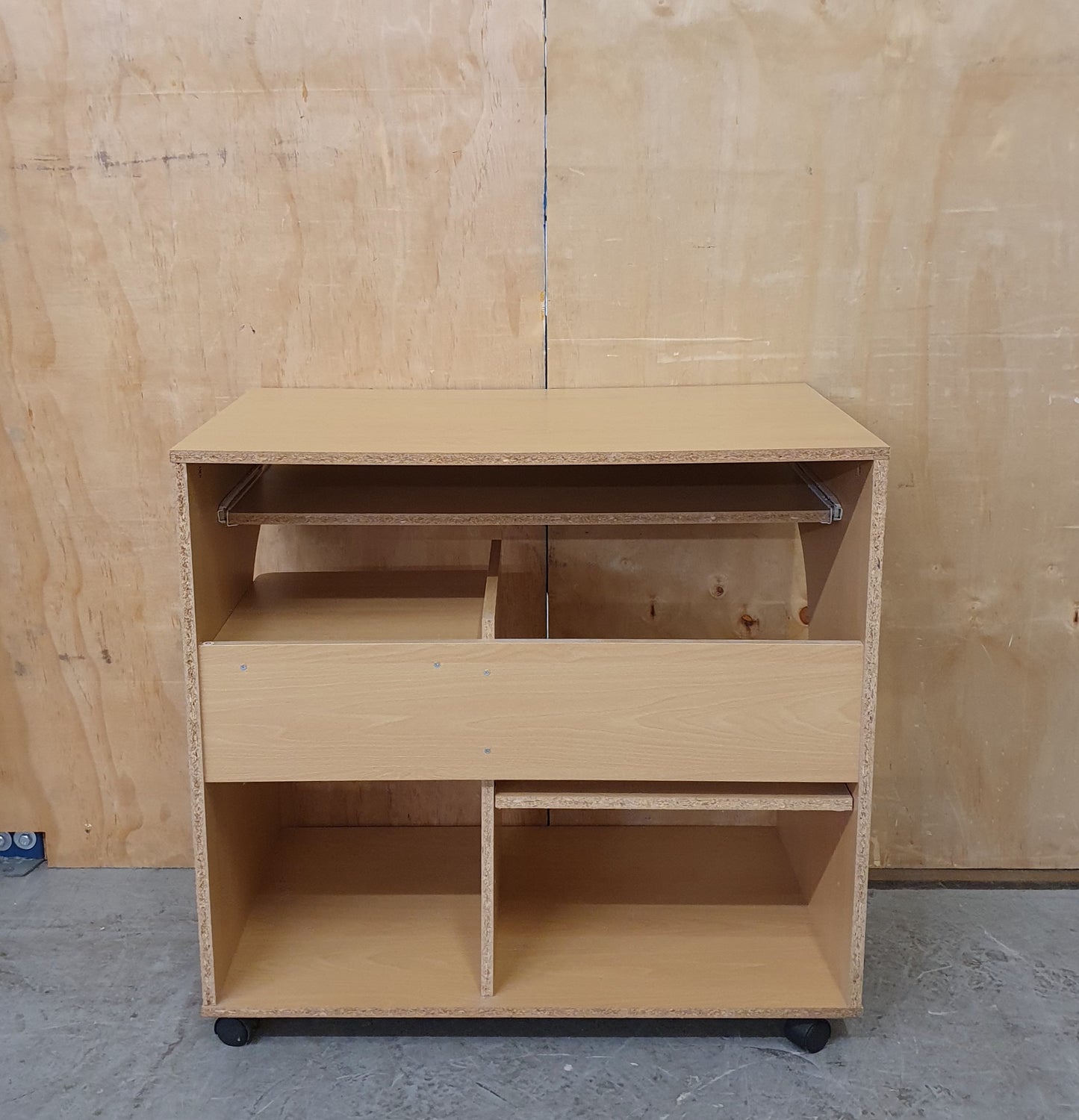 Small Wood Desk with Pull Out Panel and Curved Sides on Castor Wheels - EL104479