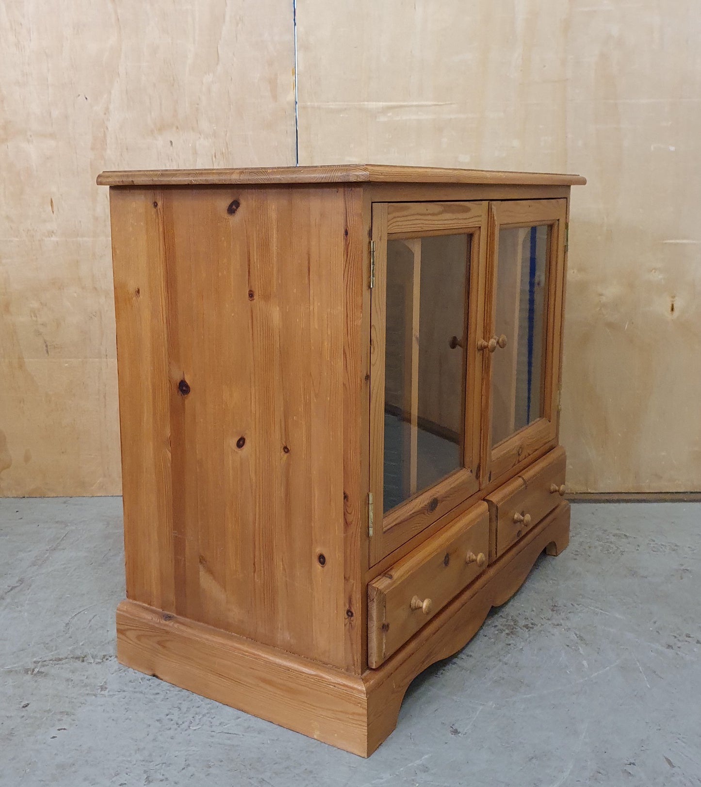 Small Glass Door Pine Cabinet with Drawers and Built In CD Racks - EL104074
