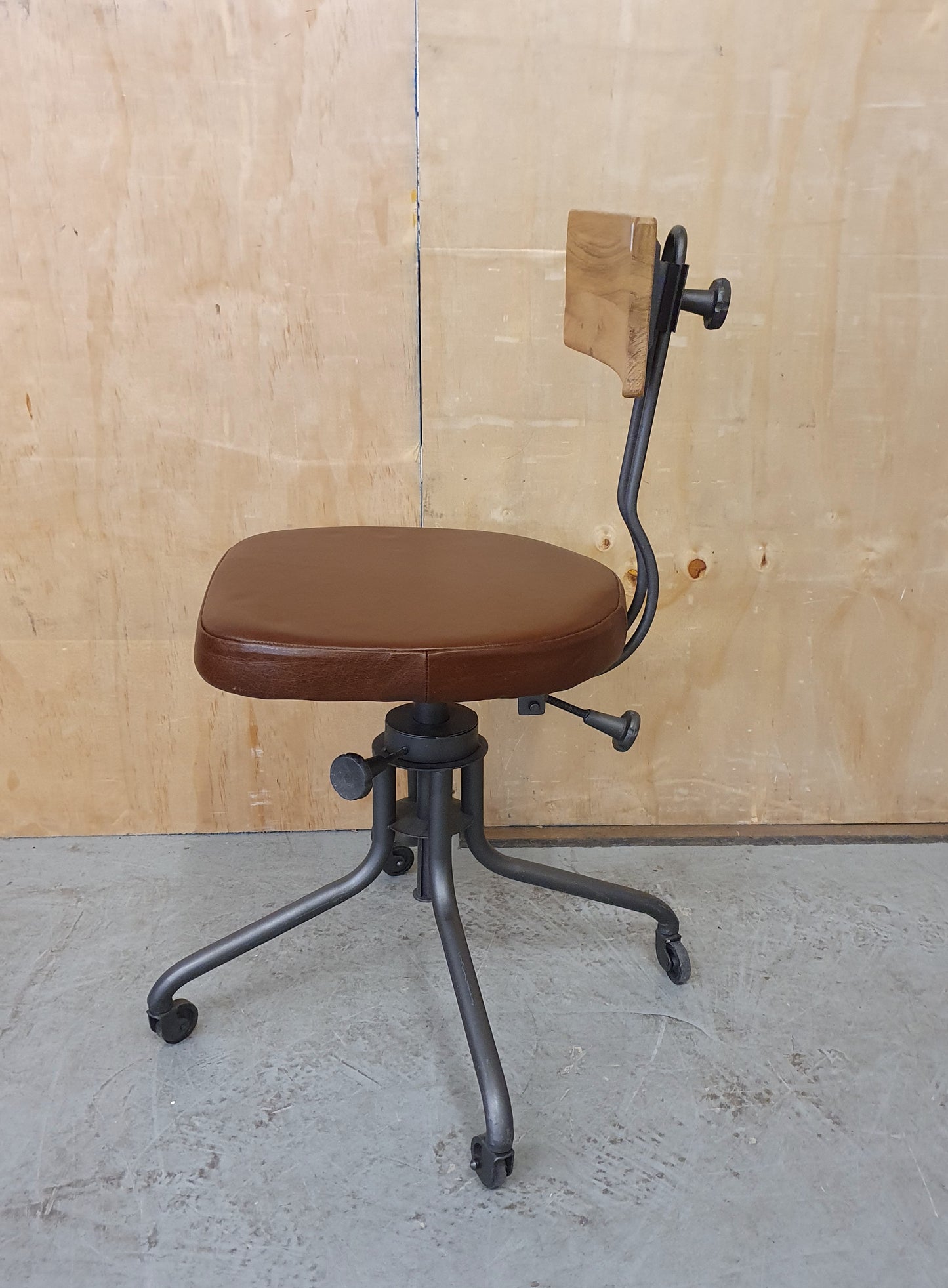 Single Metal Frame Height Adjustable Chair with Wood Back Rest and Brown Leather Seat - 103856