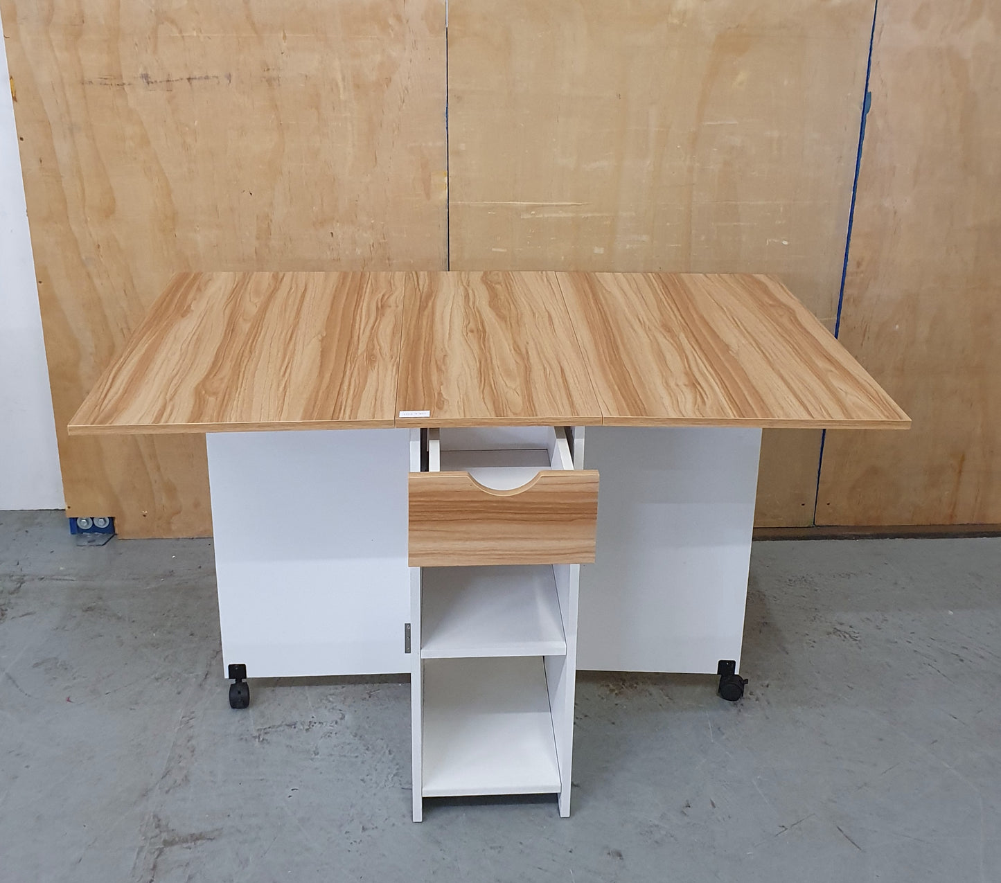 White Wood Drop Leaf Table with Lover Shelving and Castor Wheels - 103780