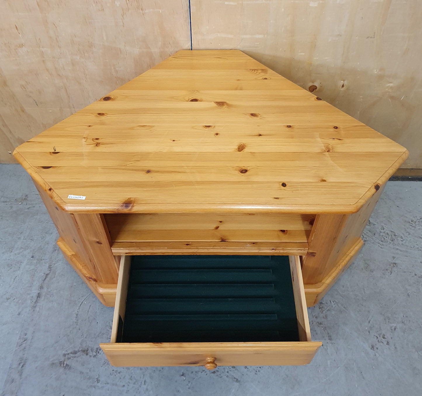 DUCAL Pine Corner TV Stand with Green Velvet Lined Drawer and Central Shelf - EL104071