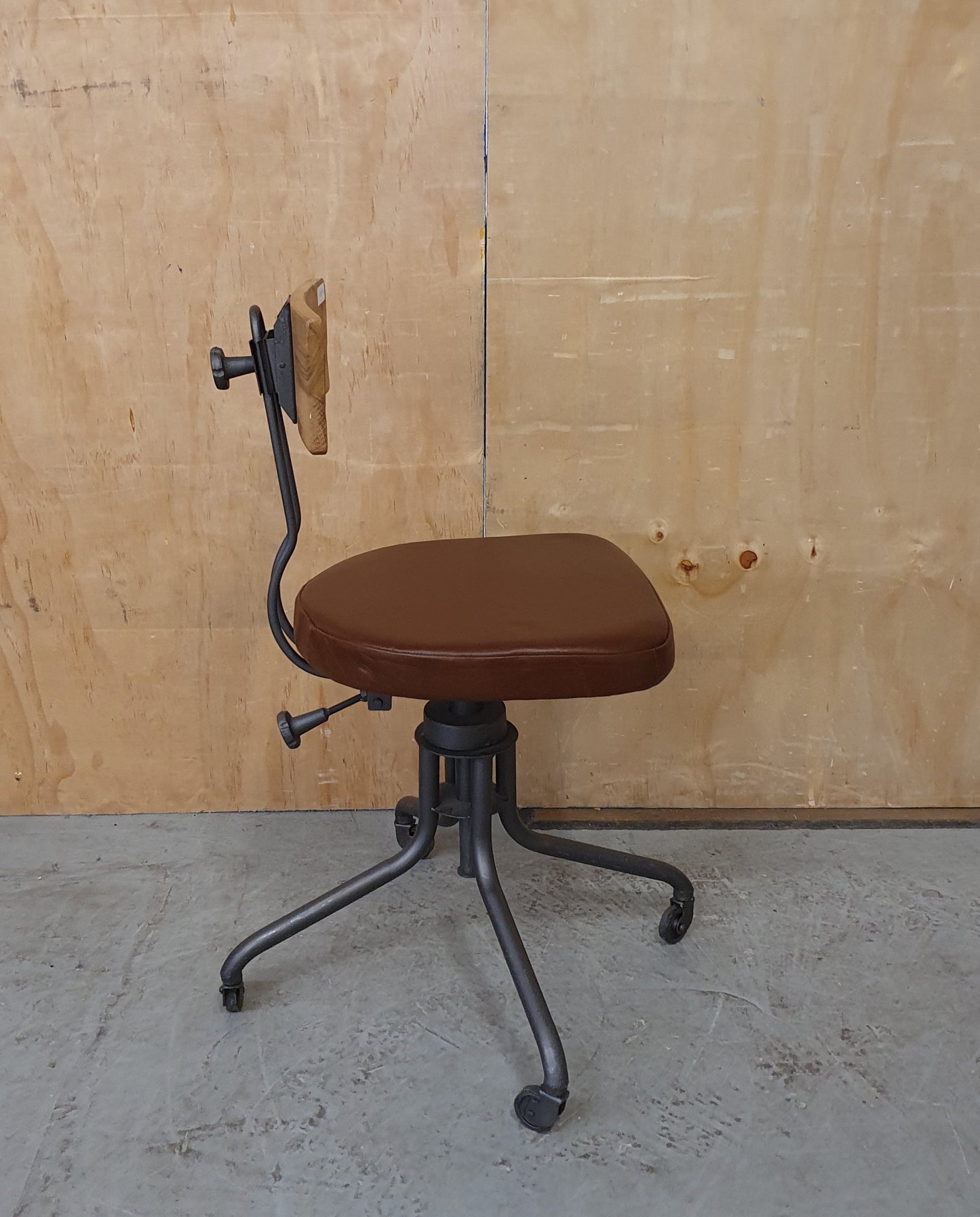 Single Metal Frame Height Adjustable Chair with Wood Back Rest and Brown Leather Seat - 103856