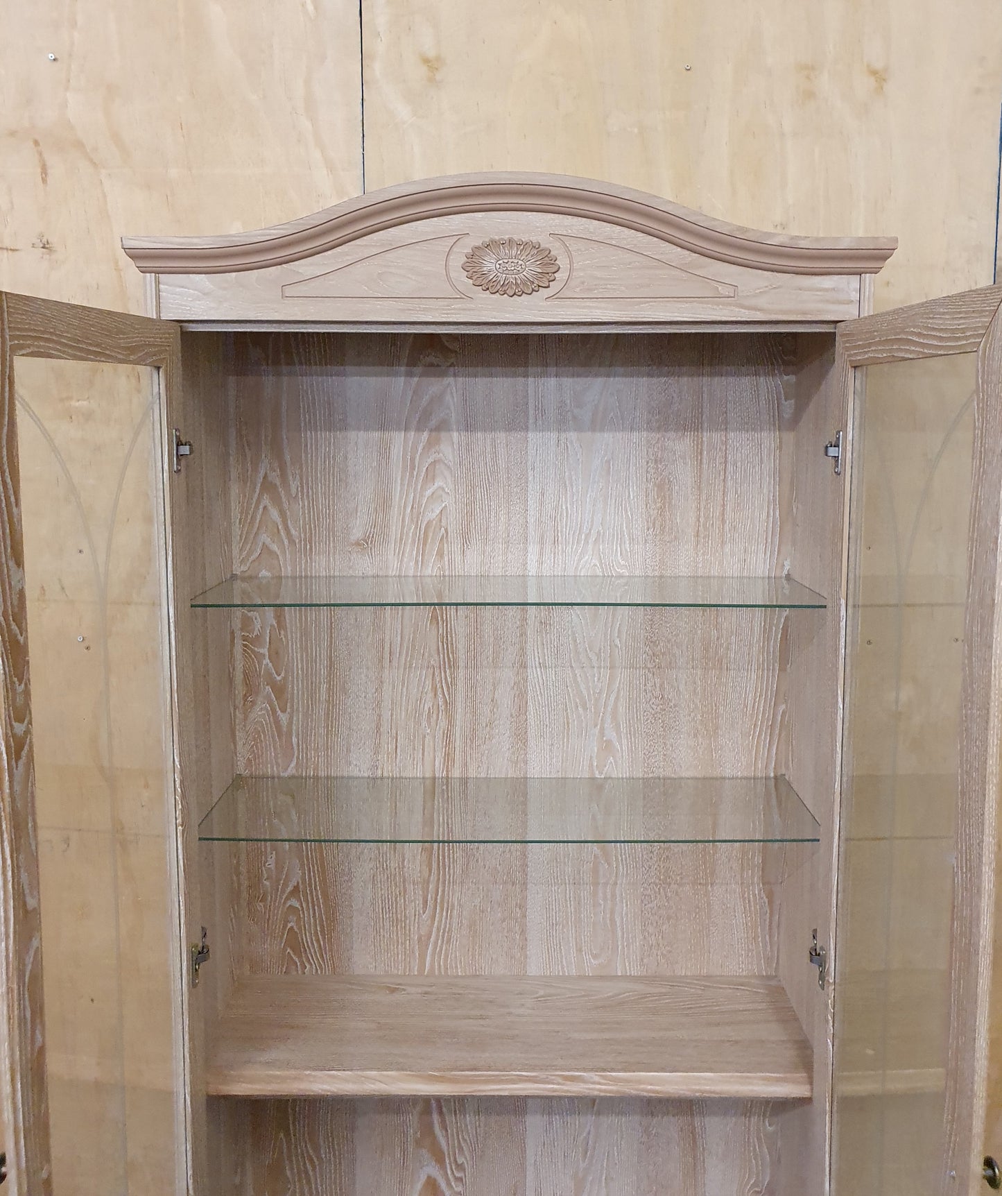 Large Wood Glass Door Cabinet with Bottom Drawer and 2 Interior Glass Shelves - 104708