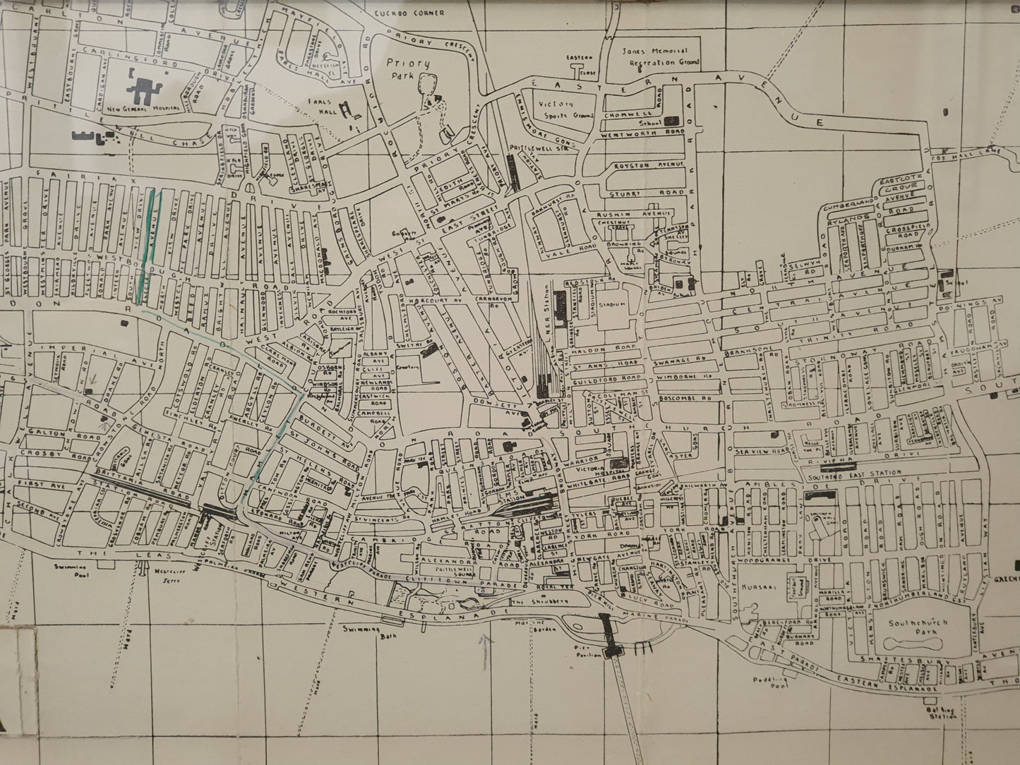 Large Southend on Sea Map in Wooden Frame - 050425-01