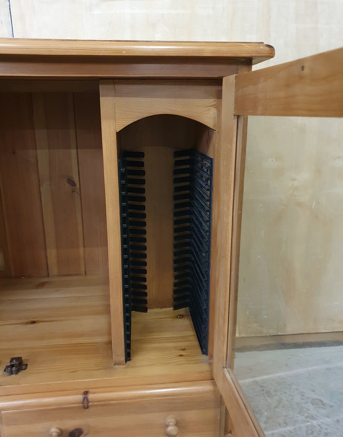 Small Glass Door Pine Cabinet with Drawers and Built In CD Racks - EL104074