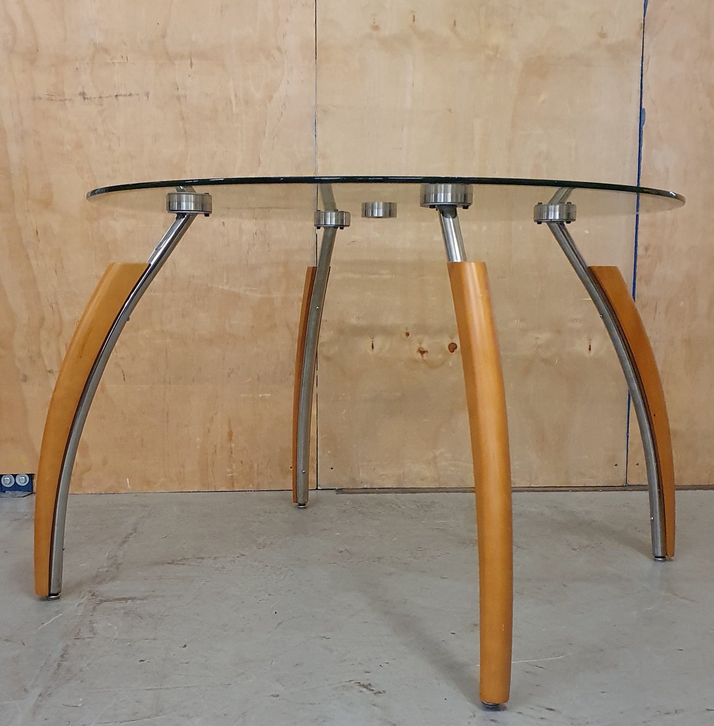 Round Glass Dining Table with Wooden Edge Chrome Curved Feet - 104680