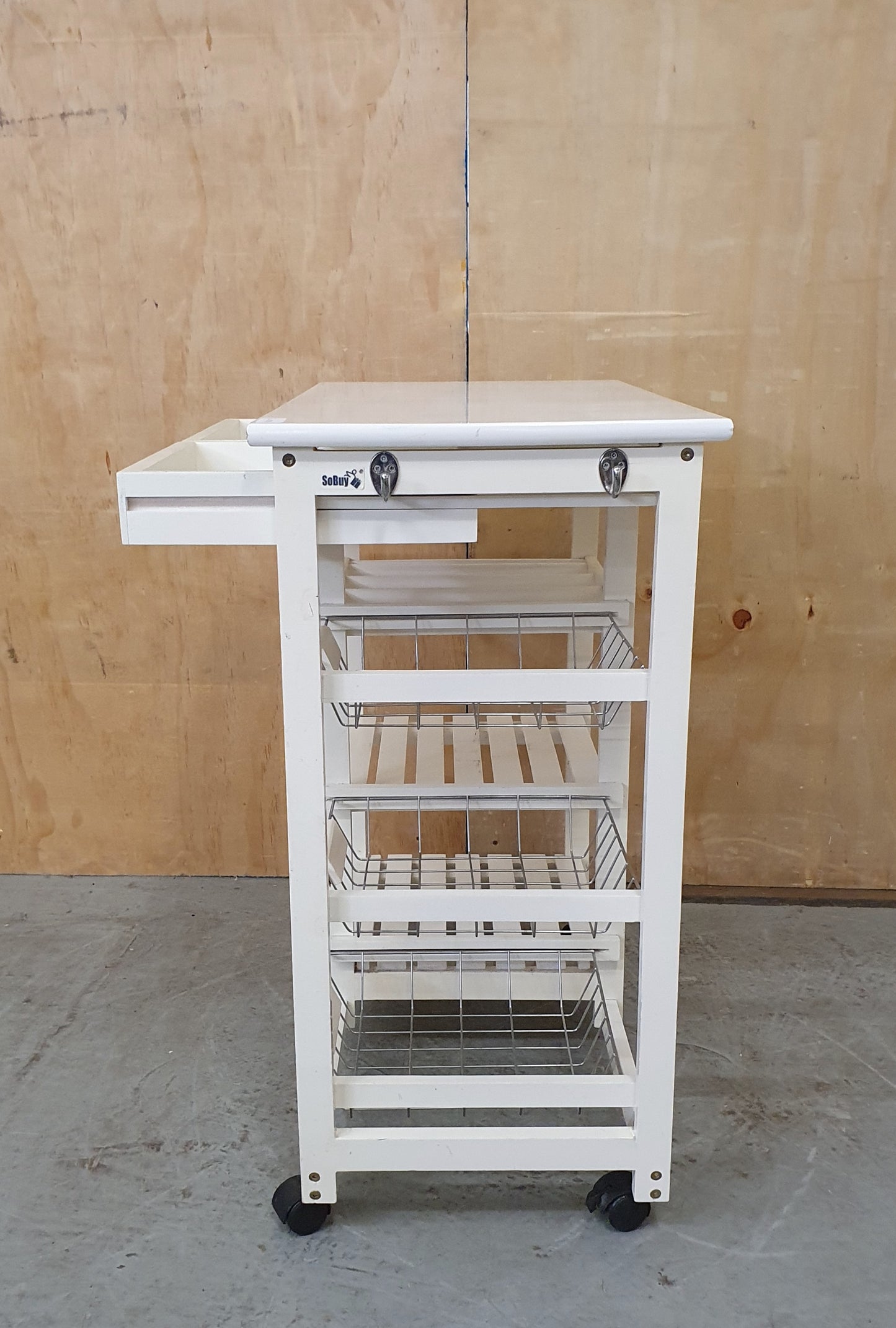 SOBUY Small White Wooden Kitchen Trolly with Wire Baskets, Shelving ad 2 Drawers - EL103870