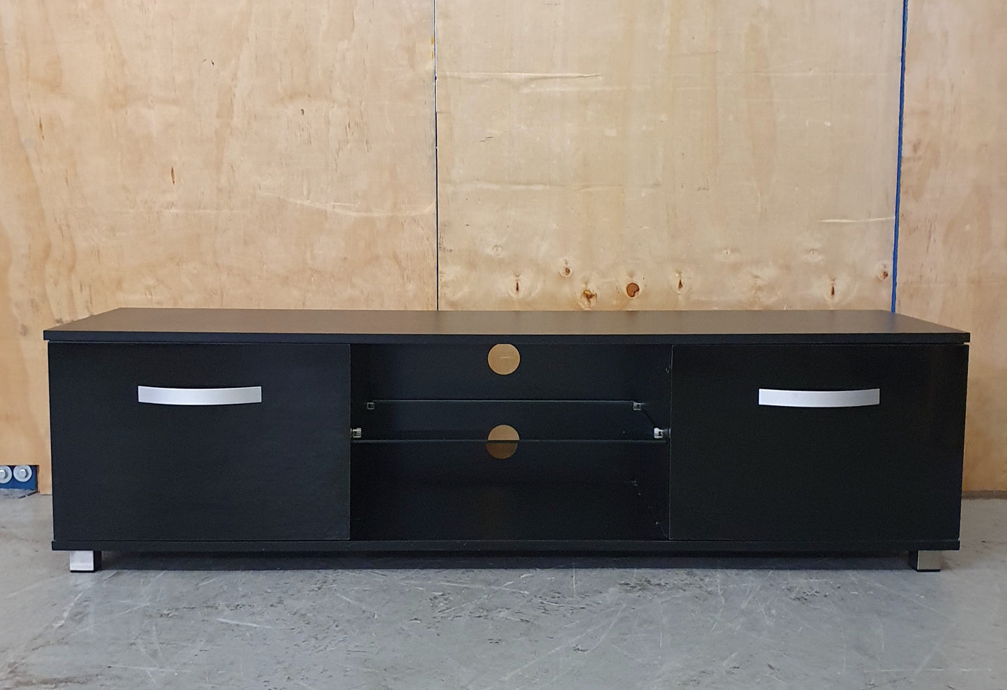 Black Gloss TV Stand with 2 Doors and Centre Glass Shelf - EL104258