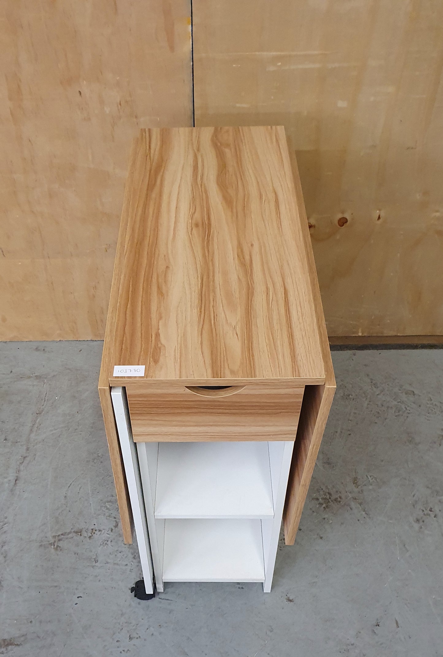 White Wood Drop Leaf Table with Lover Shelving and Castor Wheels - 103780