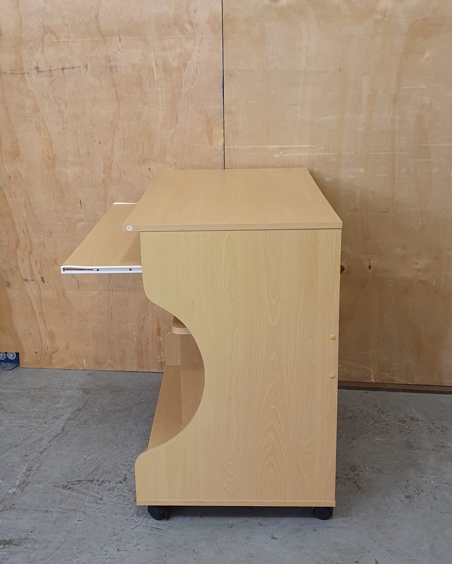 Small Wood Desk with Pull Out Panel and Curved Sides on Castor Wheels - EL104479