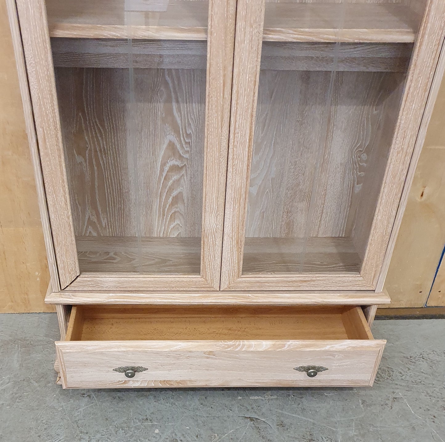 Large Wood Glass Door Cabinet with Bottom Drawer and 2 Interior Glass Shelves - 104708