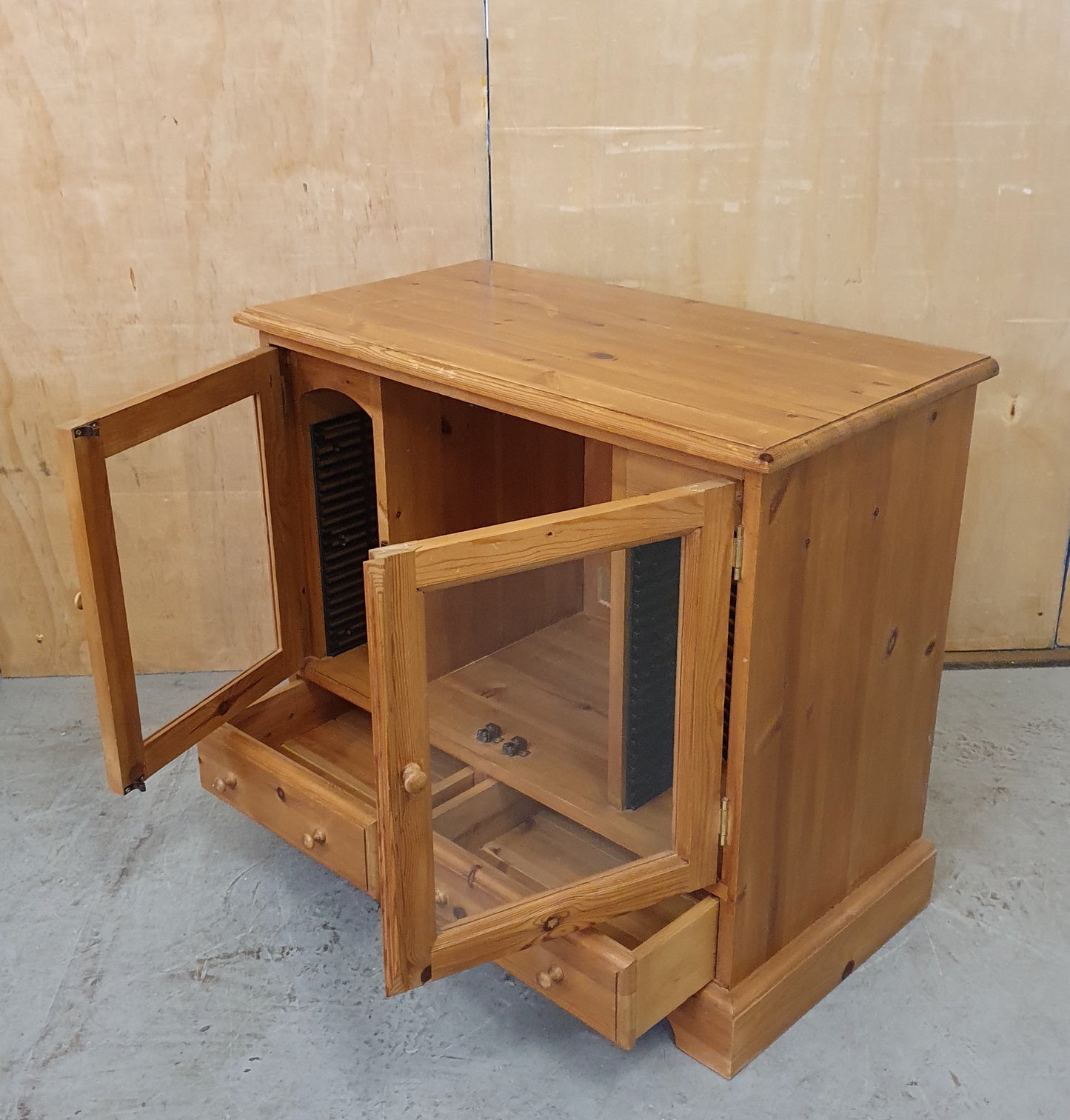 Small Glass Door Pine Cabinet with Drawers and Built In CD Racks - EL104074