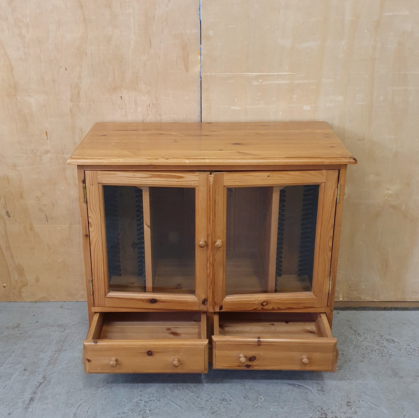 Small Glass Door Pine Cabinet with Drawers and Built In CD Racks - EL104074