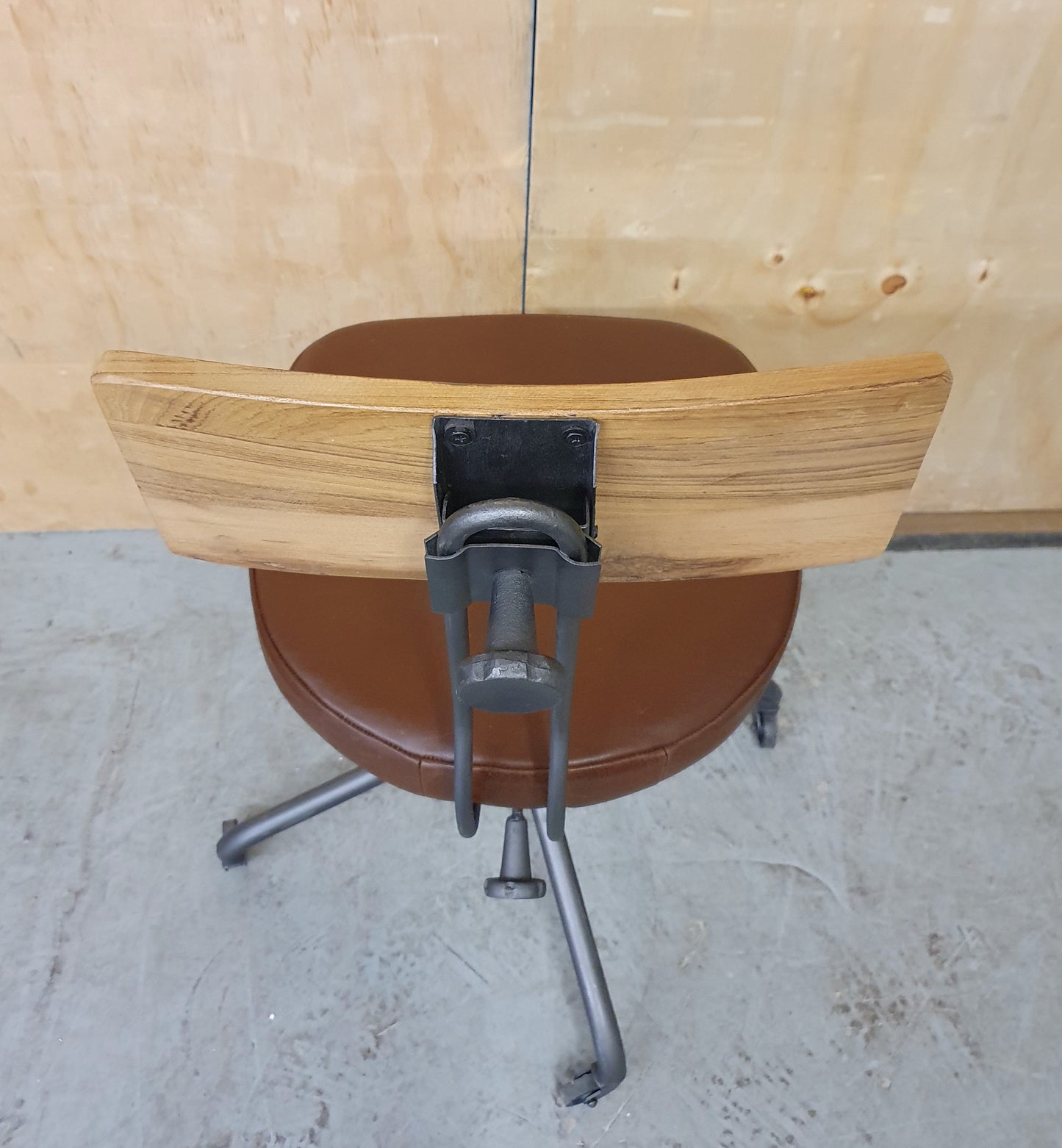 Single Metal Frame Height Adjustable Chair with Wood Back Rest and Brown Leather Seat - 103856